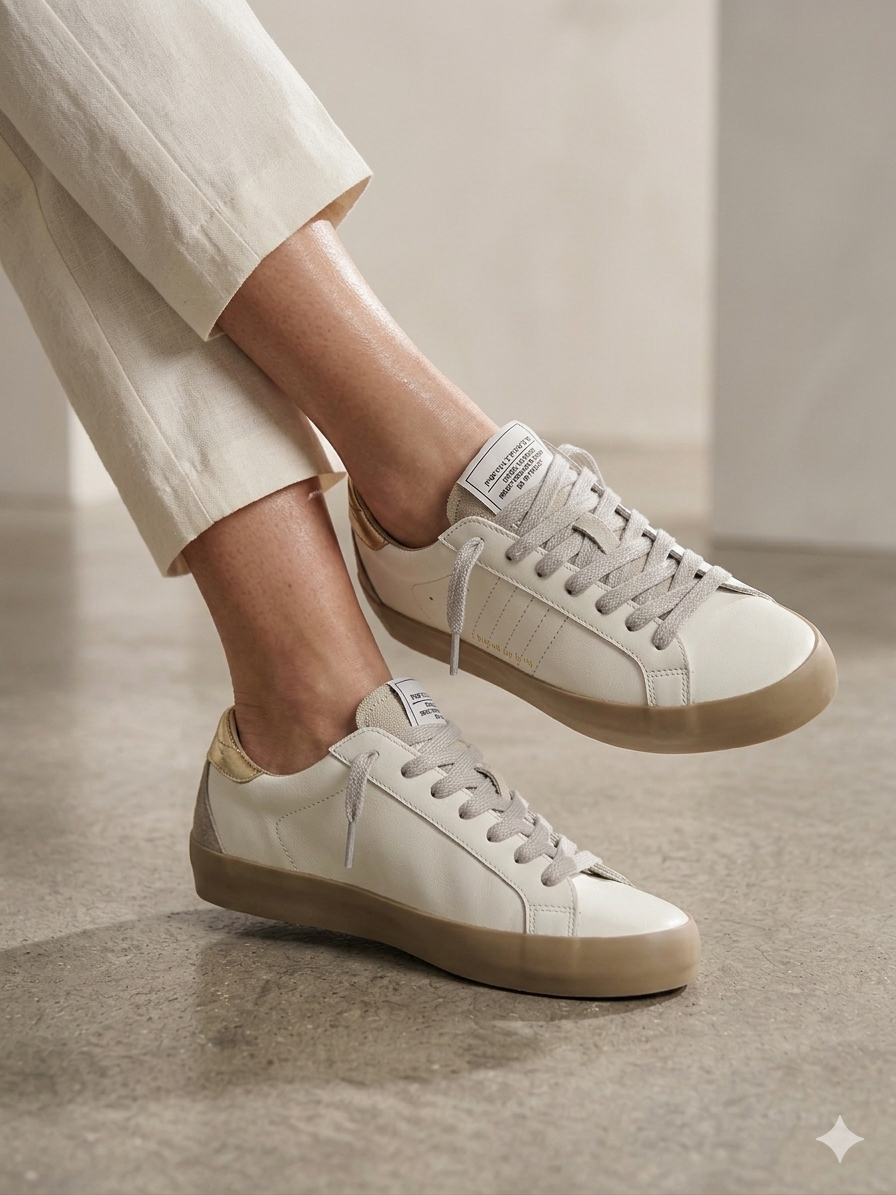 Sapatilhas Corina Femininas de Pele e Camurça; Ténis Casuais Confortáveis Estilo Urbano Retro Branco e Dourado Oro; Sapatos de Desporto com Sola de Borracha Camelo