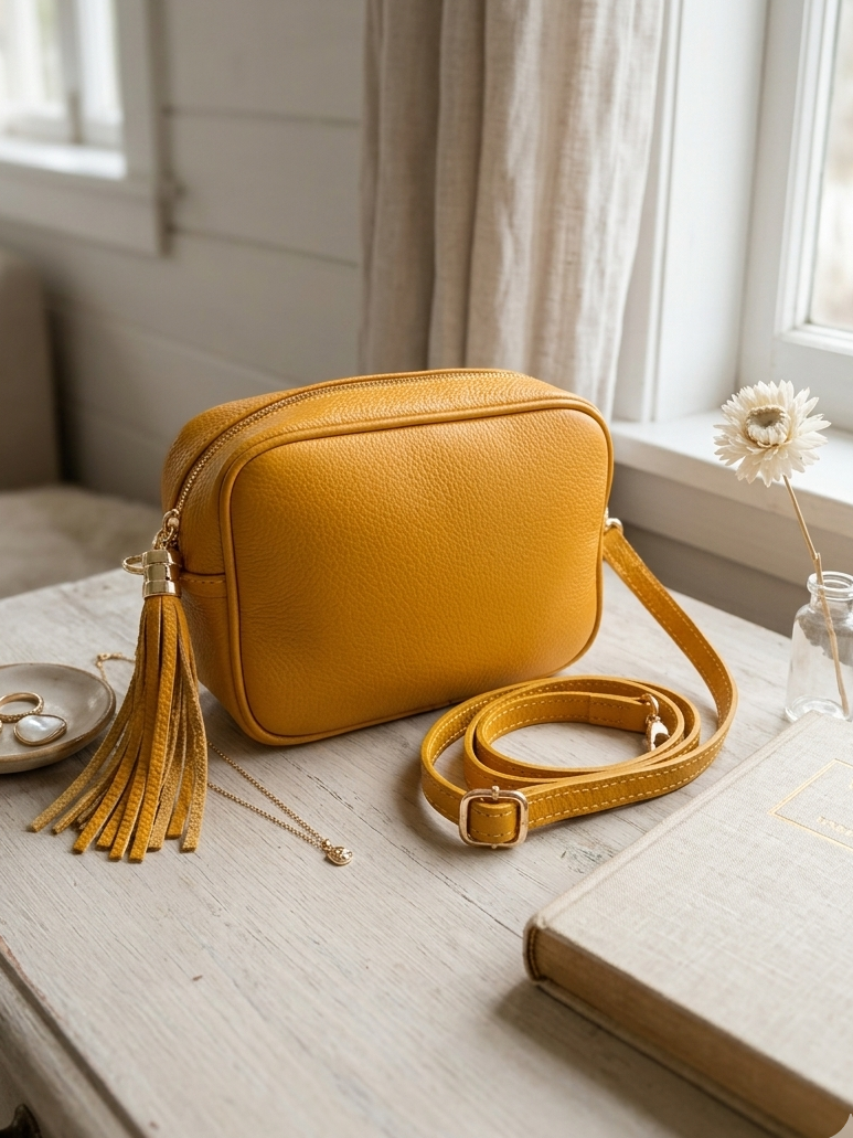 Mala de ombro, mala tiracolo, mala de mão italiana, amarelo mostarda, pele sintética, fecho de correr, alça ajustável removível, detalhe de franja contas douradas, compacta elegante
