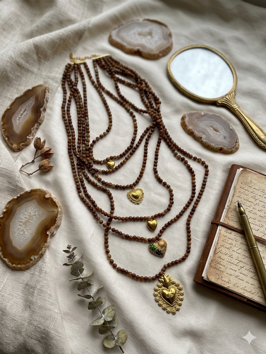 Colar de Viana com Contas de Ágata Castanha; Fio Multicamadas com Coração de Viana Dourado e Pingentes de Coração; Bijuteria Regional Portuguesa Étnica para Mulher