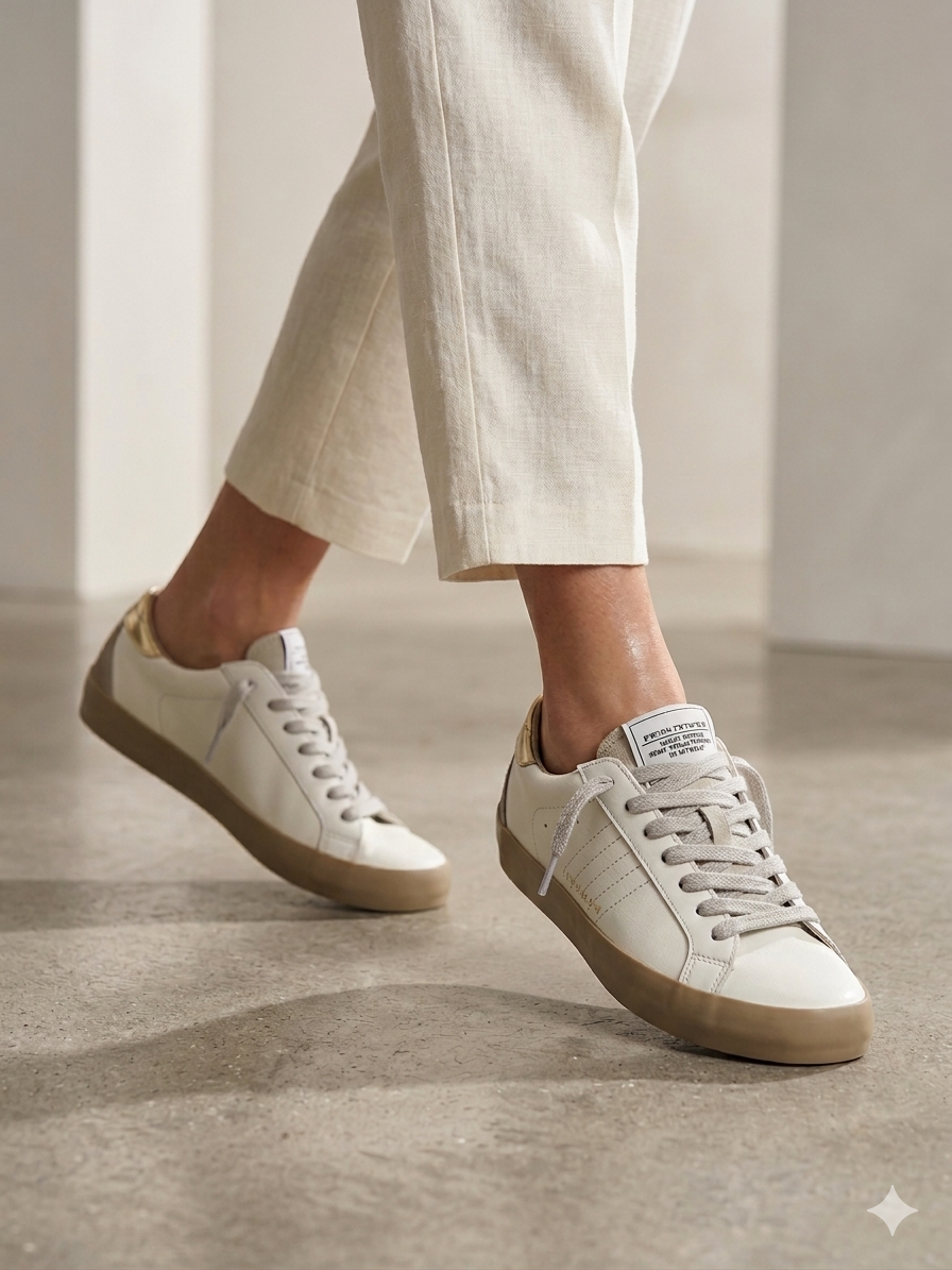 Sapatilhas Corina Femininas de Pele e Camurça; Ténis Casuais Confortáveis Estilo Urbano Retro Branco e Dourado Oro; Sapatos de Desporto com Sola de Borracha Camelo