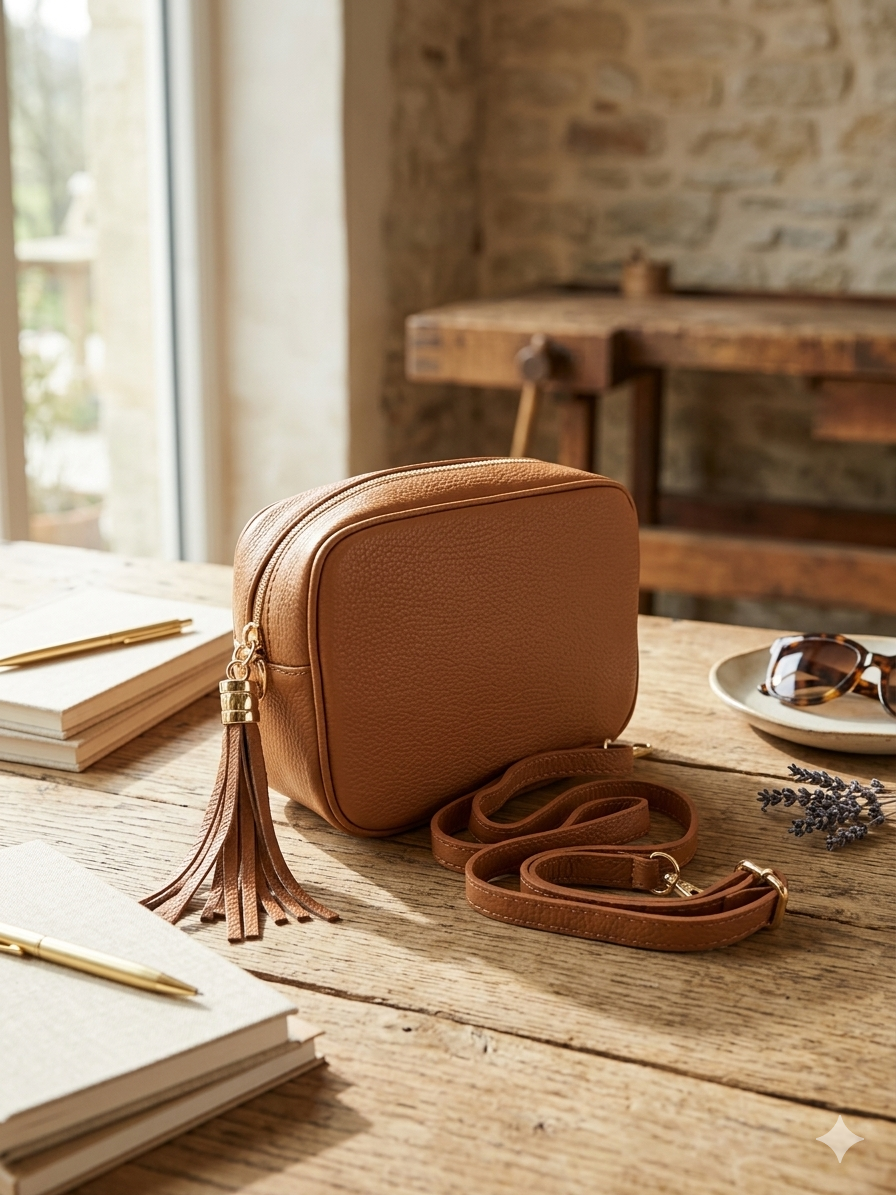 Mala de Senhora de Tiracolo, Transversal e de Ombro, em Pele Sintética com Textura de Grão, Cor Castanho Camel Tan, com Borla Tassel Decorativa e Fechos Metálicos Dourados, Estilo Câmera Bag Clássica e Elegante, Design Italiano, Perfeita para Uso Diário