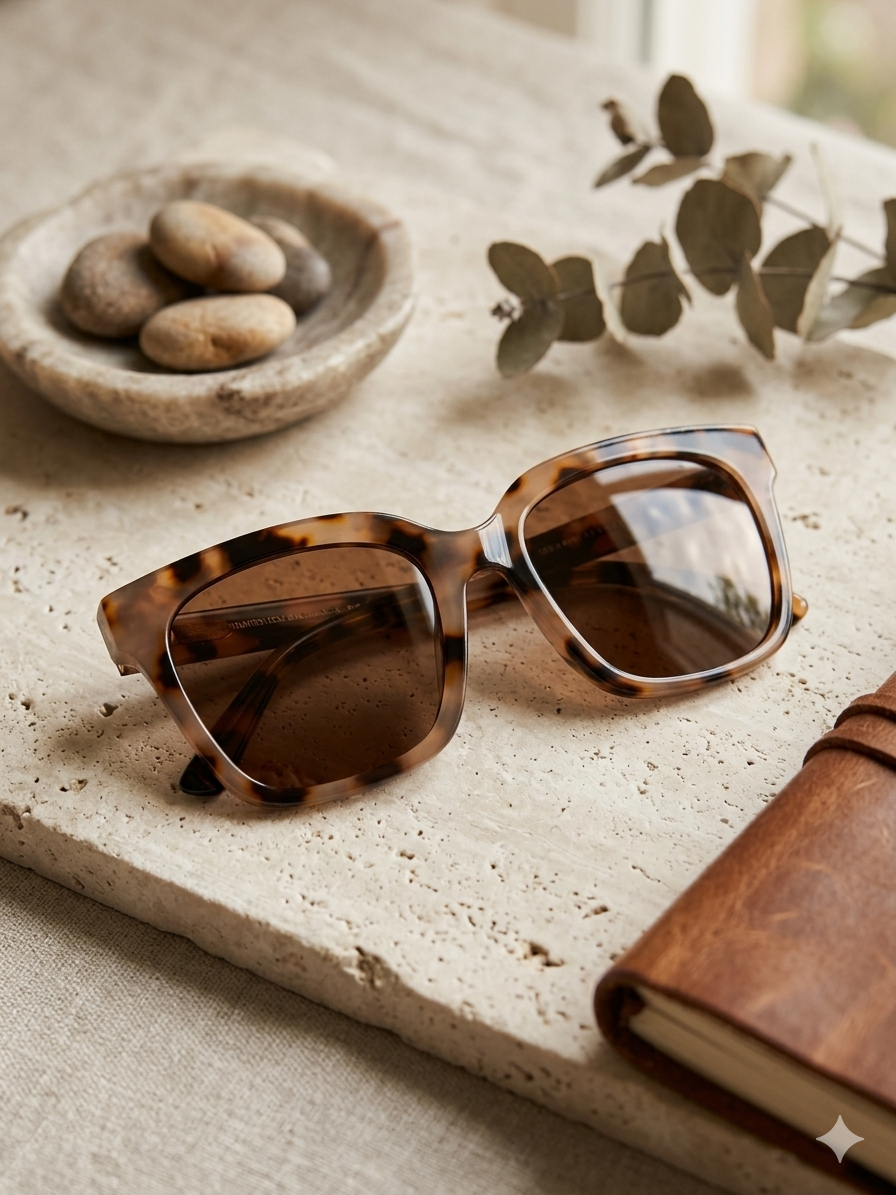 Óculos de Sol Feminino Quadrado Grande Estilo Gato Tartaruga; Armação Leve Confortável com Lentes Castanhas Proteção UV400; Acessório de Moda Elegante e Moderno Summer Beach