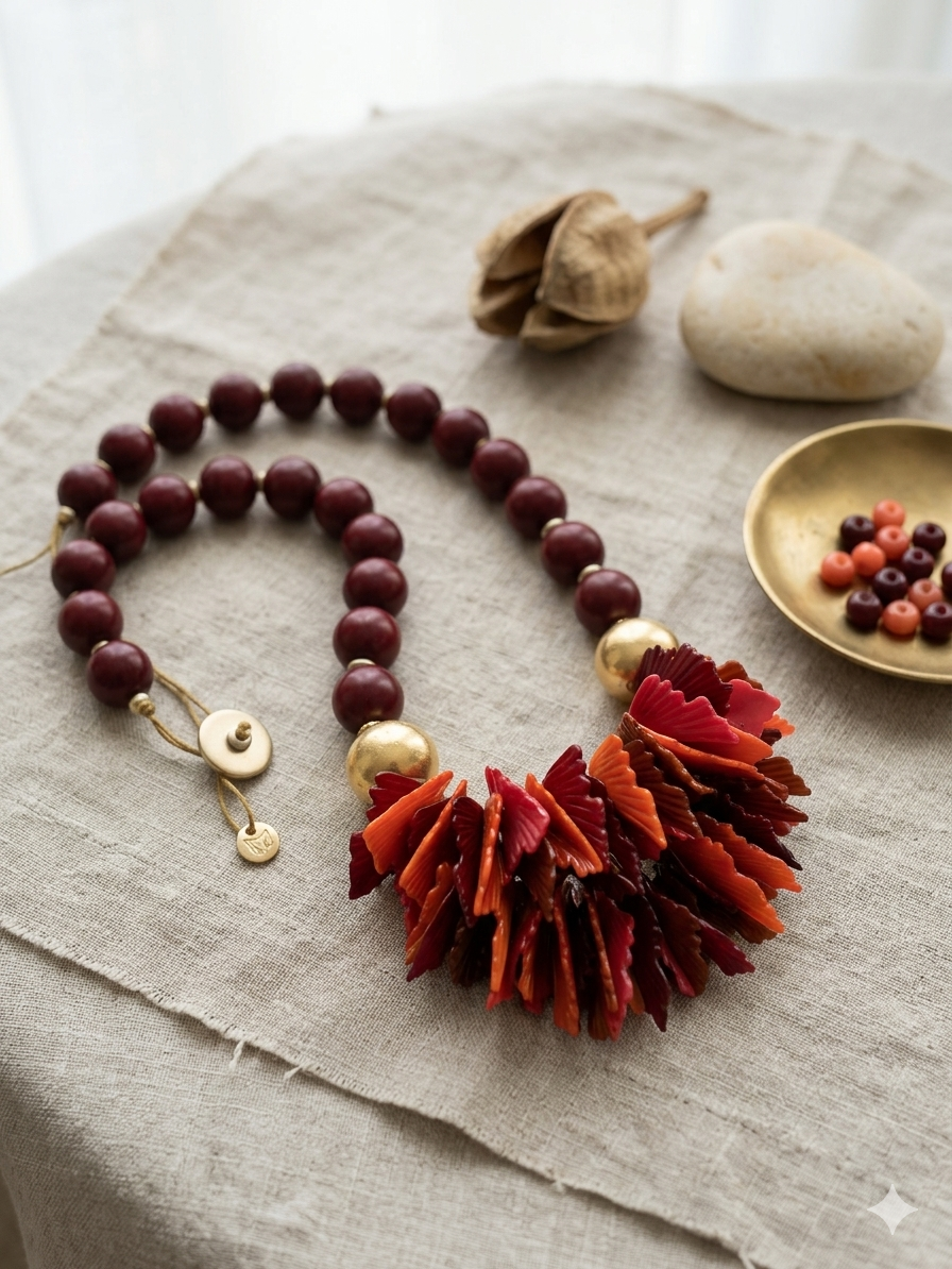 Colar Feminino de Contas Bordô e Dourado com Pendentes de Folhas em Tons de Vermelho e Laranja; Bijuteria Elegante de Design Exclusivo para Mulher; Acessório de Moda Sofisticado Casual