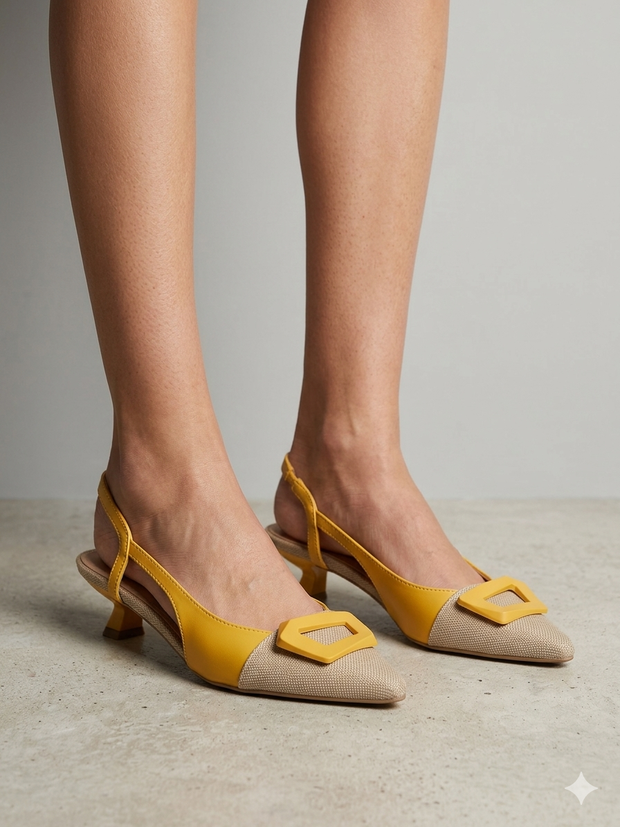 SABRINA SALTO MULLET LALA AMARELO BEGE BICUDO SCARPIN