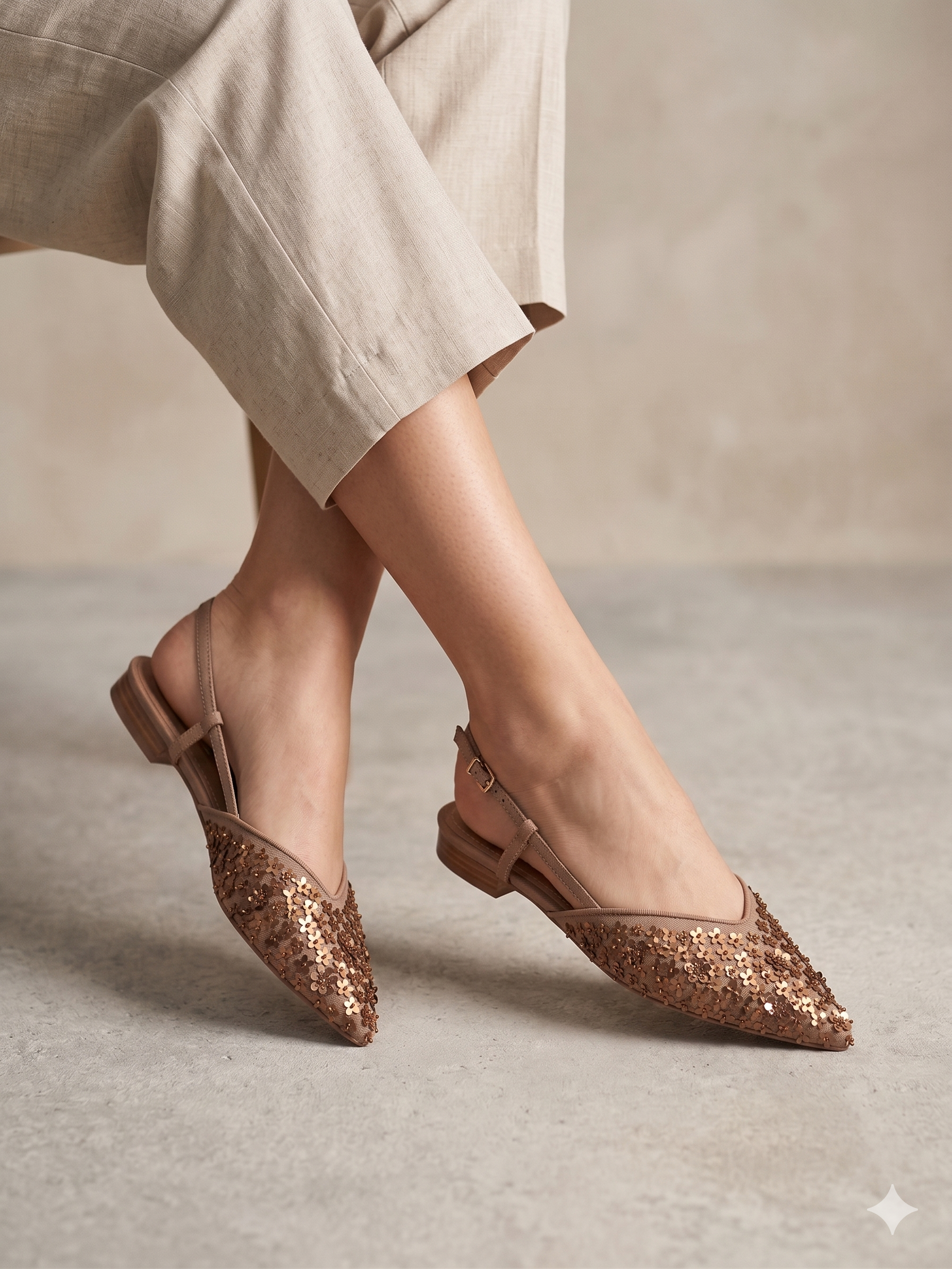 Sandálias Rasas Femininas Corina Com Brilho E Pedraria Flor Slingback Pontiaguda Sapatos Elegantes De Festa Cor Bege Bronze Tiras Ajustáveis Calçado Confortável Senhora