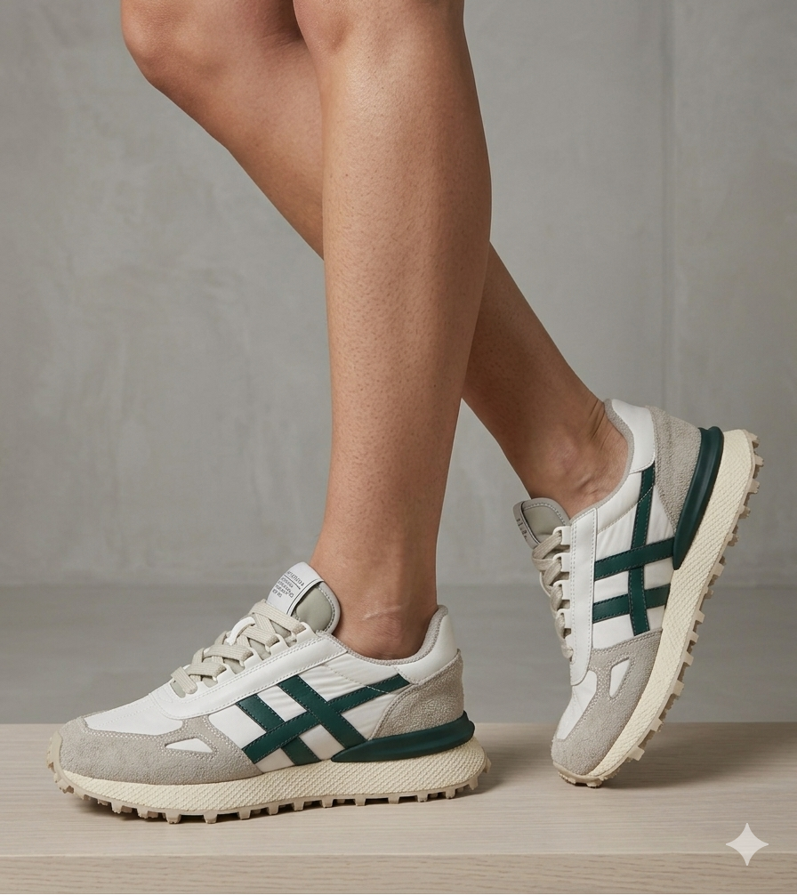 Ténis Desportivos Unissexo Brancos Verde e Cinza com Sola Tratorada de Cânhamo; Sapatilhas de Corrida Retro com Painéis de Camurça Cinza e Riscas Verde Vintage; Calçado Casual Confortável para Caminhada e Ginásio; Sneakers Urbanos Estilo Clássico