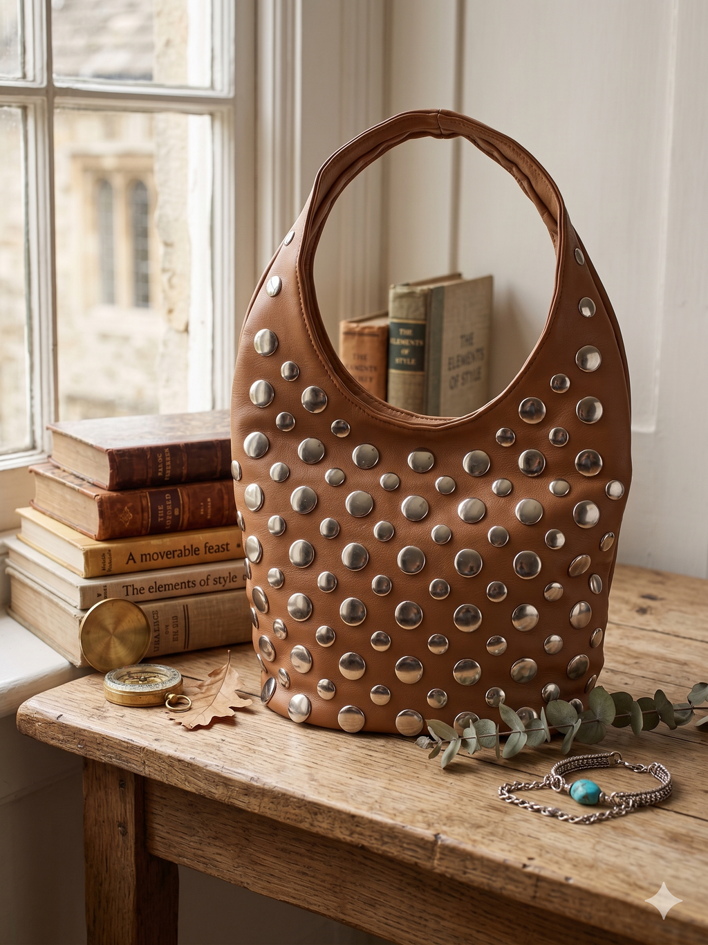 Mala de Ombro Feminina Xti Marrom em Pele Sintética com Tachas Prateadas, Bolsa Hobo Elegante com Bolso Exterior e Fecho de Correr, Acessório Casual de Moda Original para Mulher