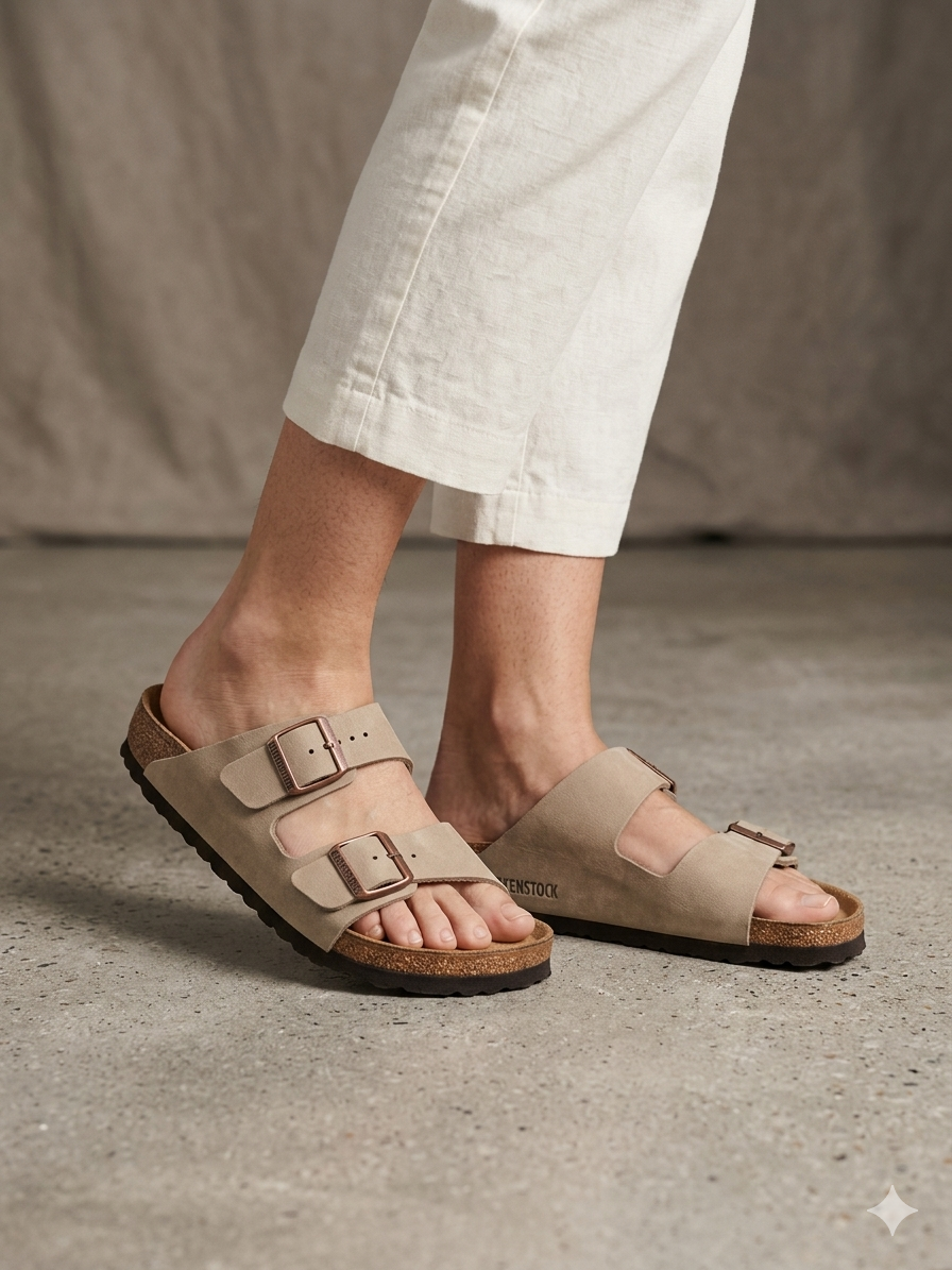 Sandálias Birkenstock Arizona Bege de Camurça; Chinelos de Cortiça Ergonómicos com Fivelas de Cobre Ajustáveis para Mulher e Homem