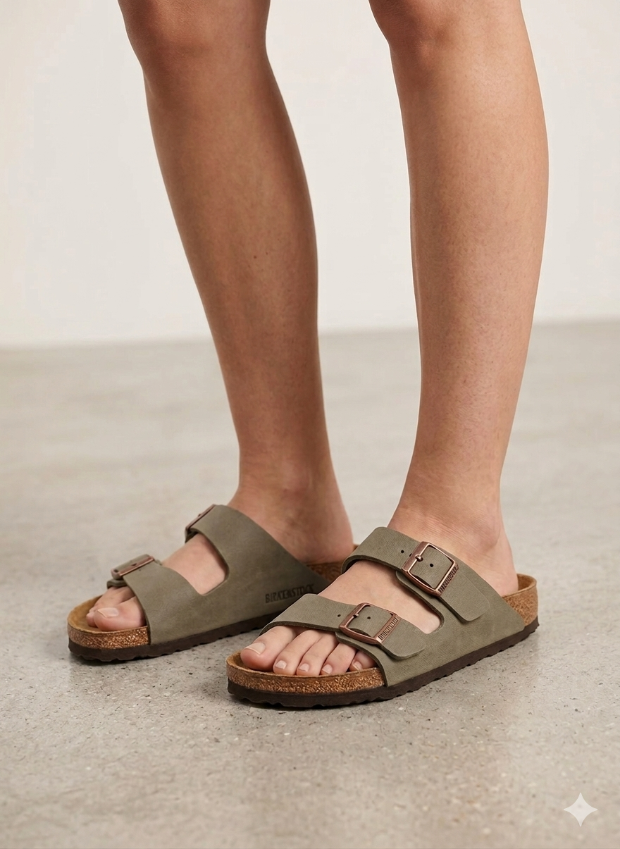 Sandálias Birkenstock Arizona Stone de Camurça Verde cinzento; Chinelos de Cortiça Ergonómicos com Fivelas de Cobre Ajustáveis para Mulher e Homem