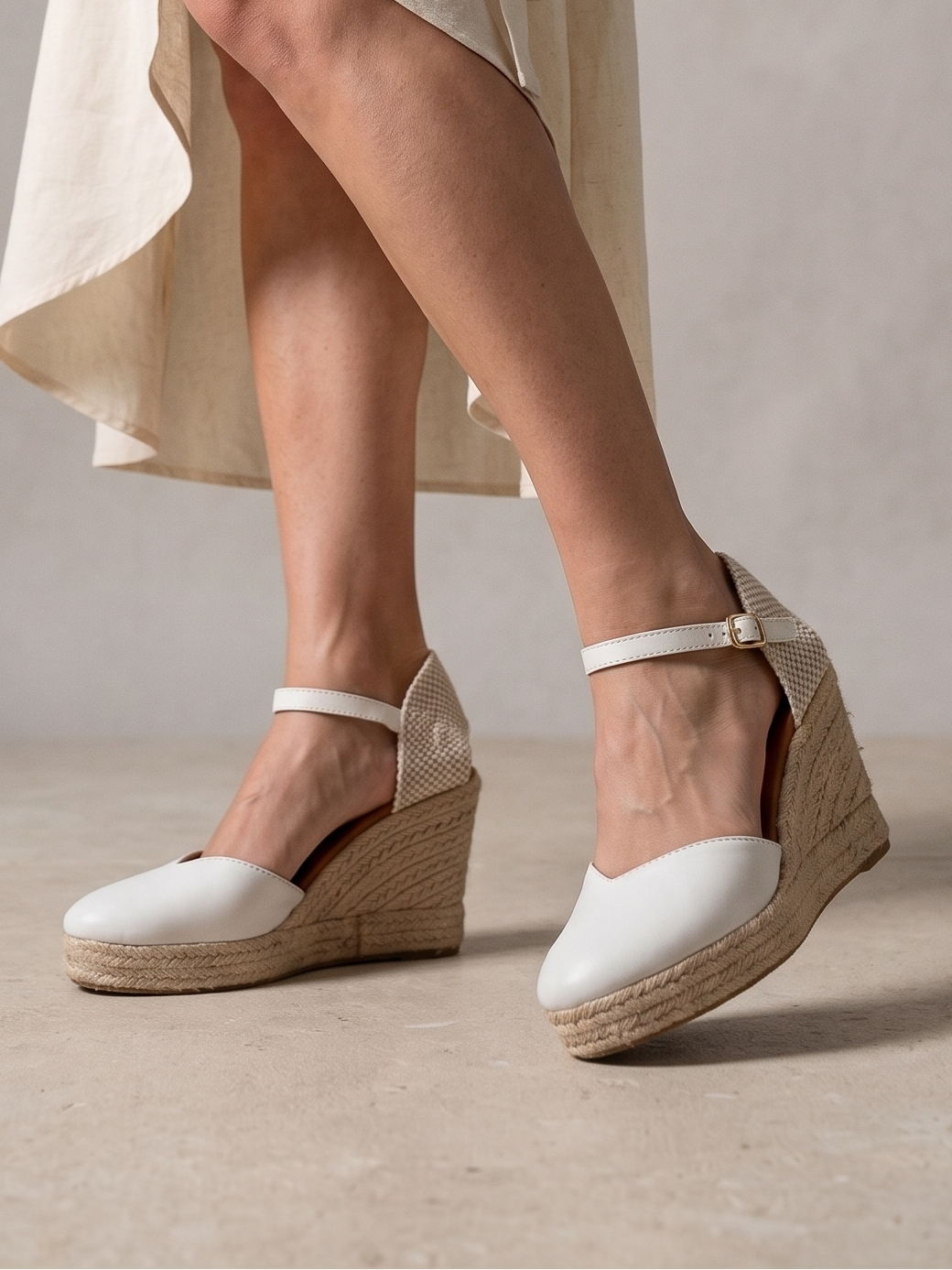 Alpercatas de Cunha em Pele Branco Senhora Manuel; Sandálias Salto Médio com Tira no Tornozelo; Sapatos de Corda Confortáveis para Verão