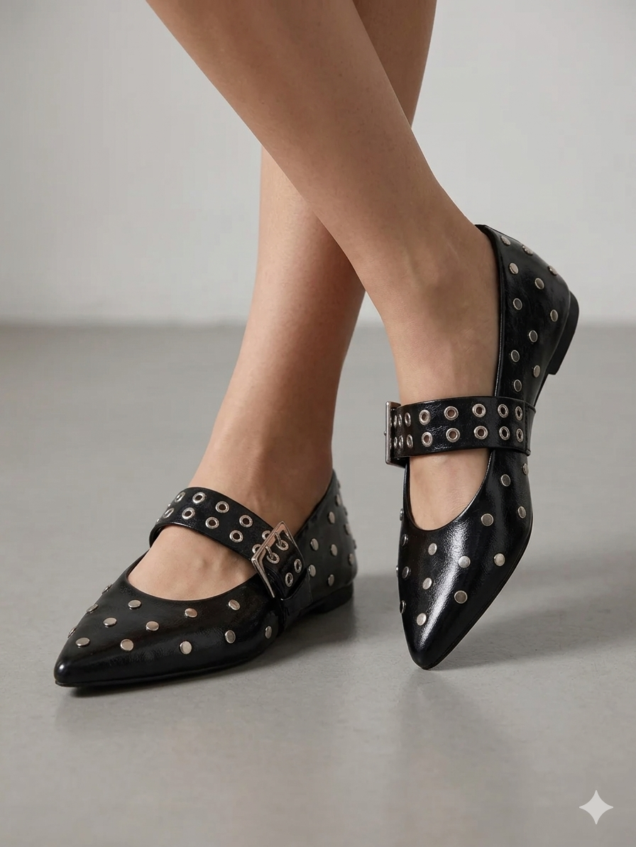 Sapatos Mary Jane Corina Pretos com Tachas e Fivela; Sabrinas de Ponta Fina Elegantes para Senhora.