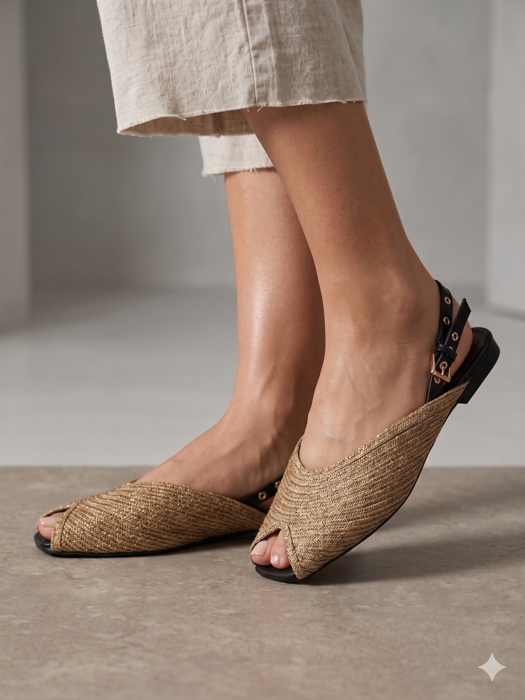 Sandálias Ideal Shoes rasas slingback em ráfia dourada com bico aberto; sabrinas de senhora elegantes com fivela ajustável; calçado feminino fresco e confortável para o verão