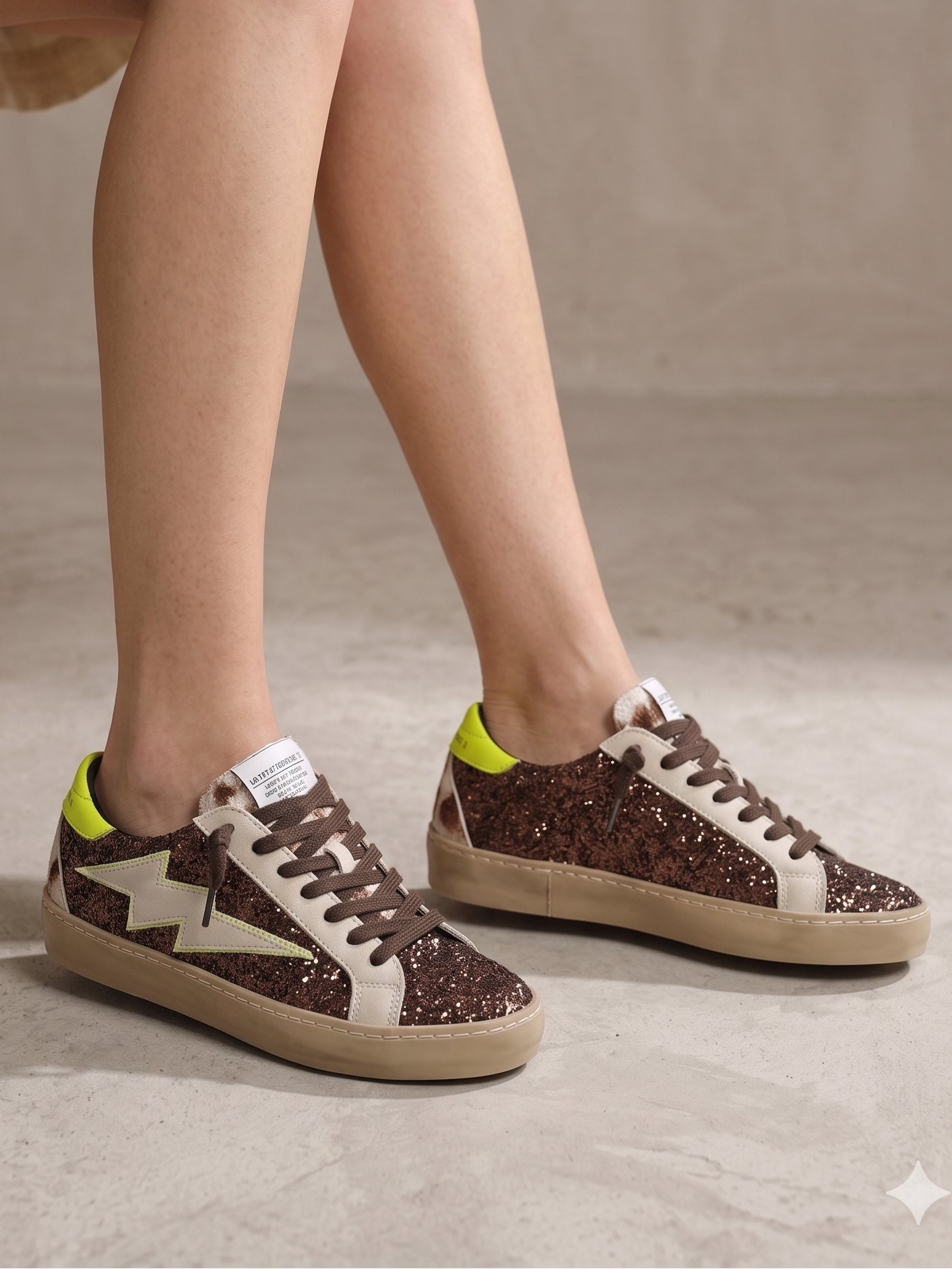Sapatilhas Femininas Brilhantes com Glitter Castanho; Ténis Corina Casual de Moda com Detalhe de Raio Verde Neon e Sola Confortável; Calçado Estiloso para Senhora
