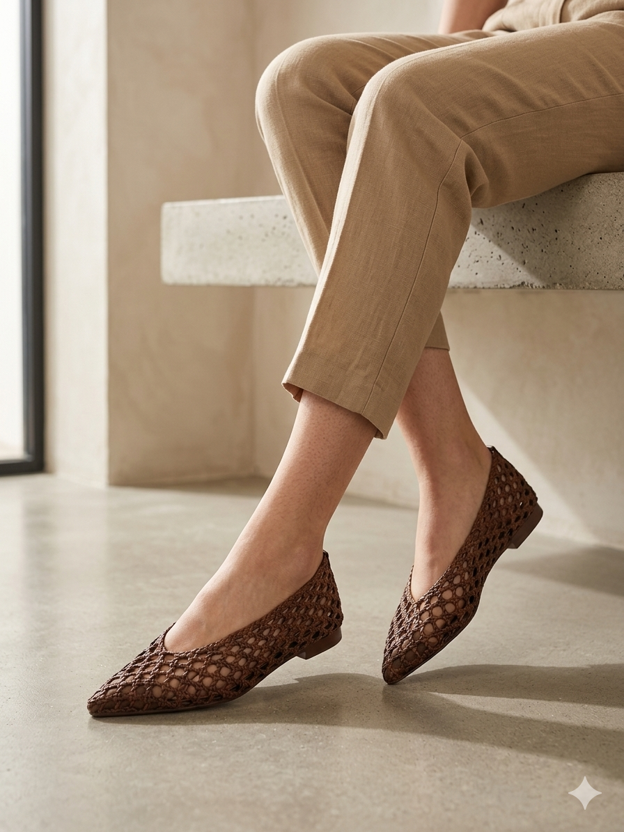 Sabrinas de senhora Corina em ráfia entrançada castanha, sapatos rasos pontiagudos estilo boho, sapatilhas de verão respiráveis e confortáveis, moda artesanal casual.