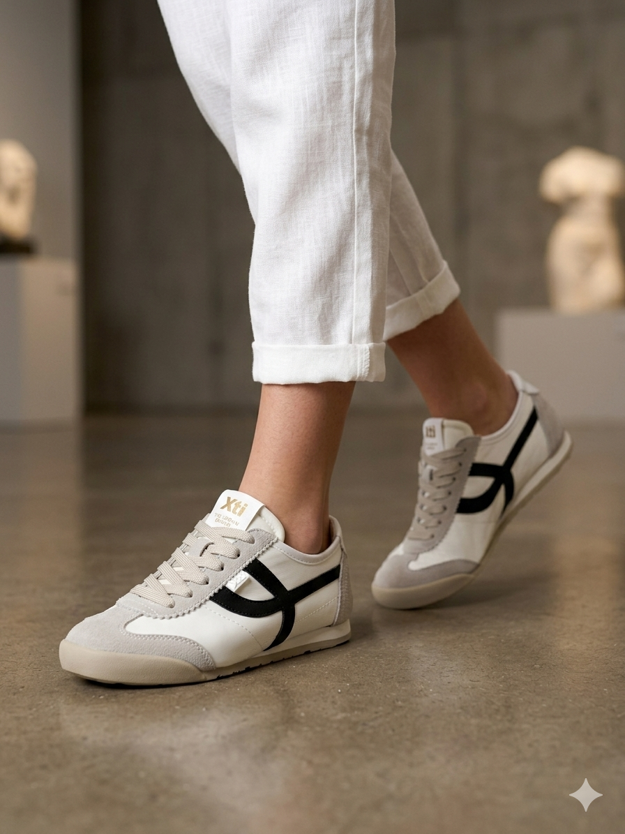 Ténis Femininos Xti em Branco e preto; Sapatilhas Desportivas Urbanas em Malha e Camurça; Calçado Casual Confortável com Detalhes cinza e Design Moderno