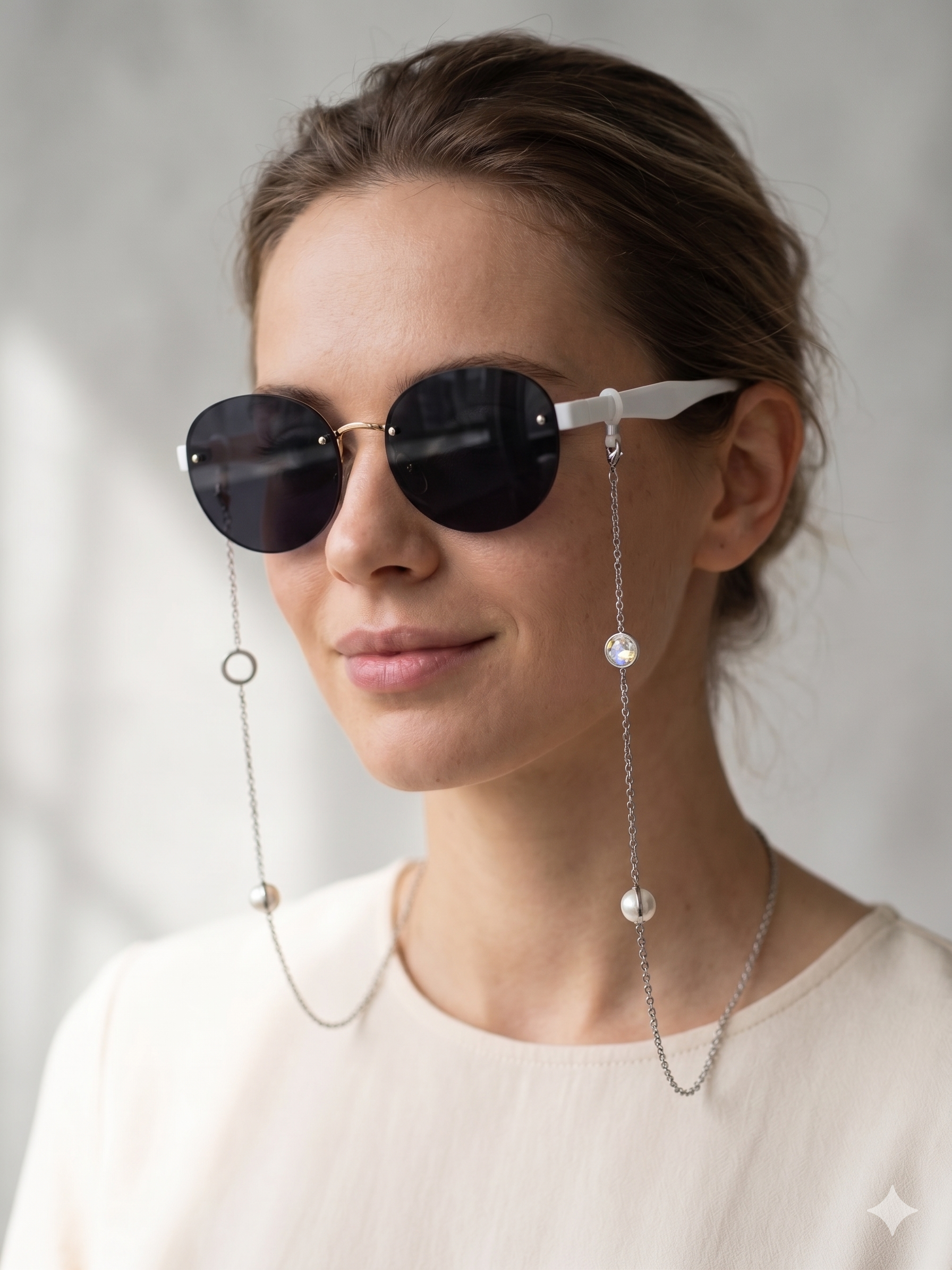 Corrente para Óculos e Colar 2 em 1 em Aço Inoxidável; Cordão com Pérolas fake e Pedras Brilhos; Salva Óculos Feminino Elegante