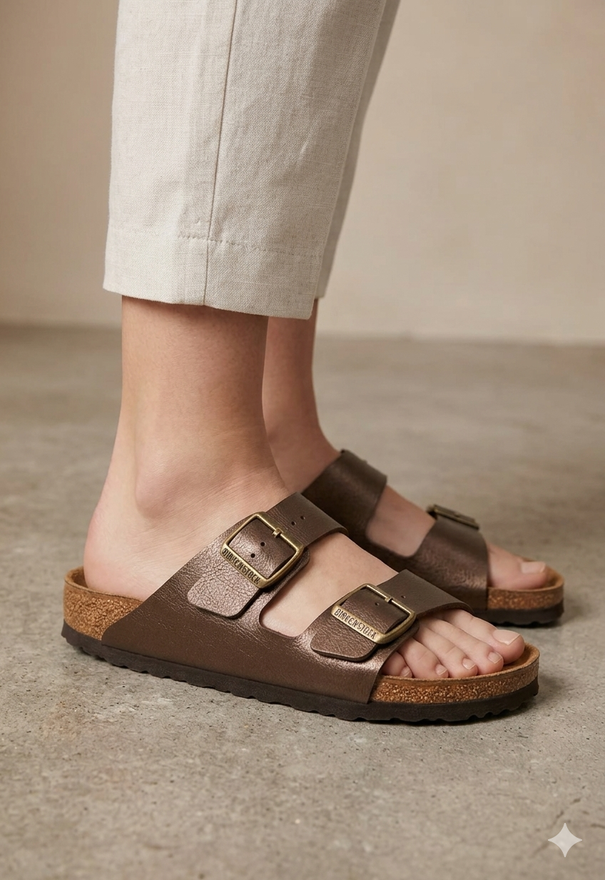 Sandálias Birkenstock Arizona Camurça Castanho escuro metalizado; Chinelos de Cortiça Ergonómicos com Fivelas de Cobre Ajustáveis para Mulher e Homem