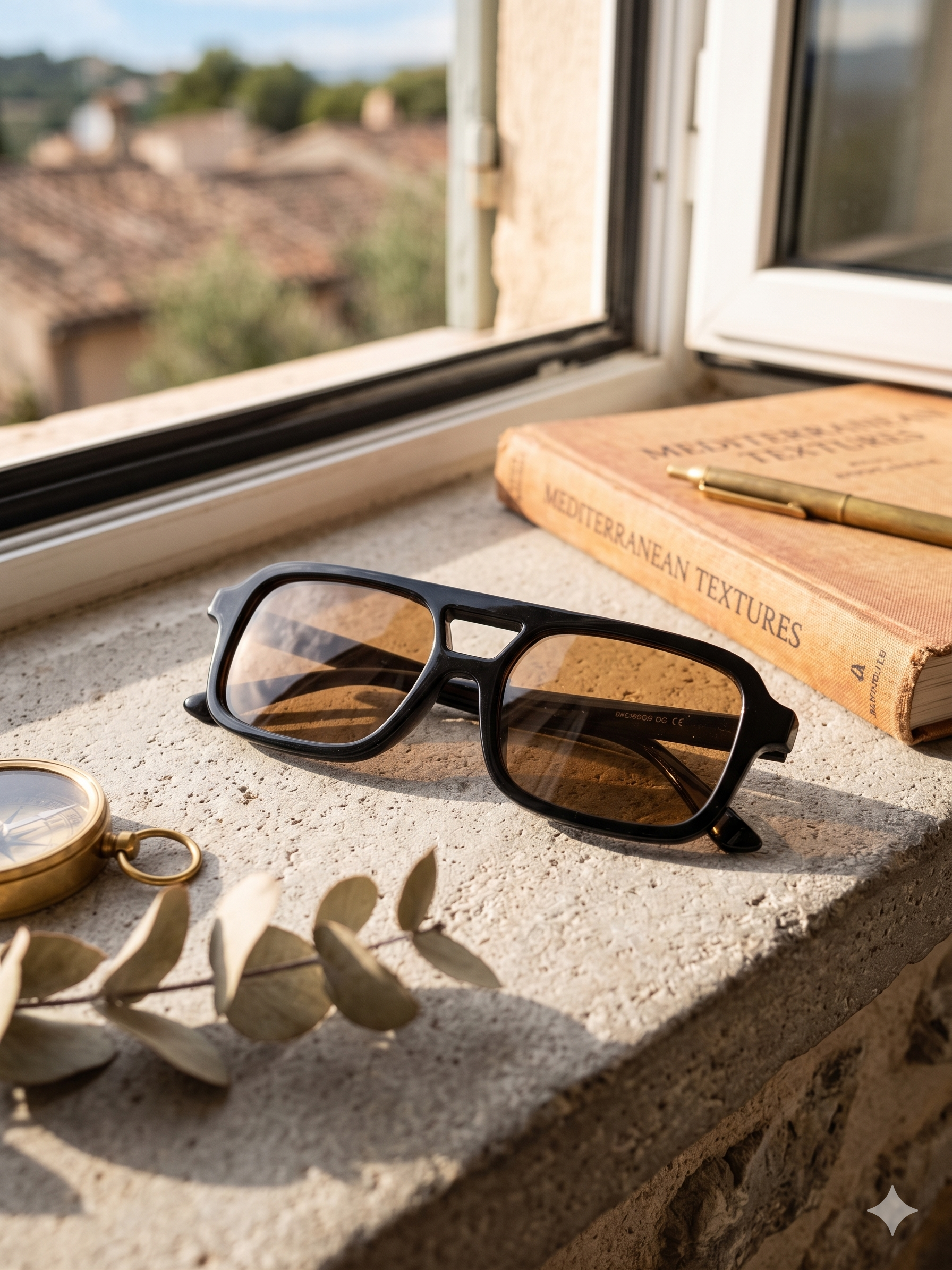 Óculos de Sol Unissexo Estilo Aviador Retangular Vintage, Armação Preta com Lentes Castanhas, Design Moderno e Elegante
