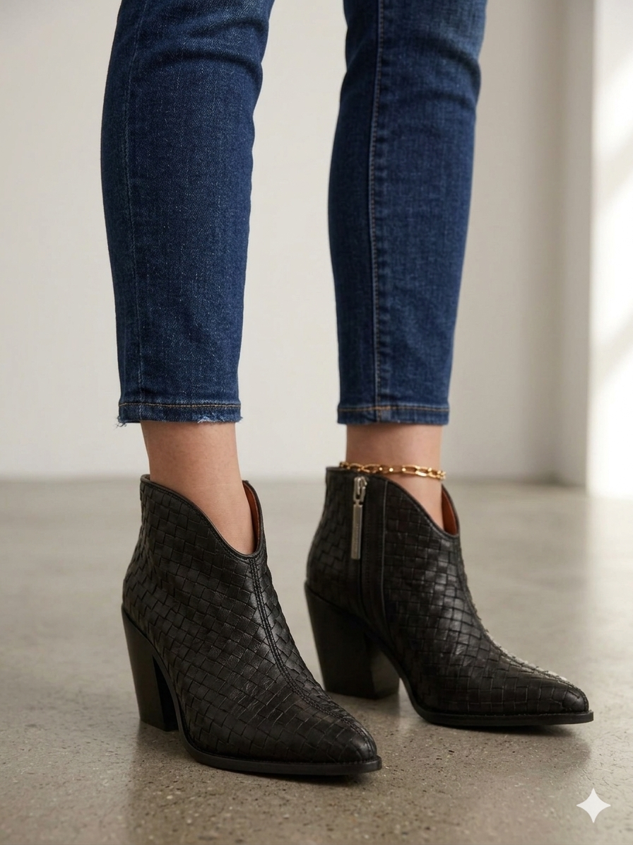 Botins Femininos Gioseppo em Pele Estilo Western com Salto Bloco Confortável, Botas de Cano Curto com Bico Fino e Zíper Lateral, Design Premium Casual