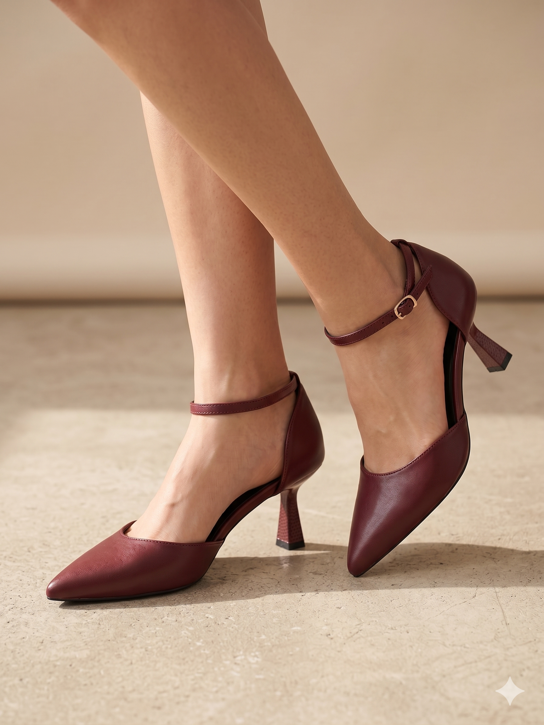 Sapatos de Salto Alto Buonarotti Mulher; Pumps Vermelho Bordo Escuro de Bico Fino com Tira no Tornozelo; Calçado Elegante de Festa e Cerimónia