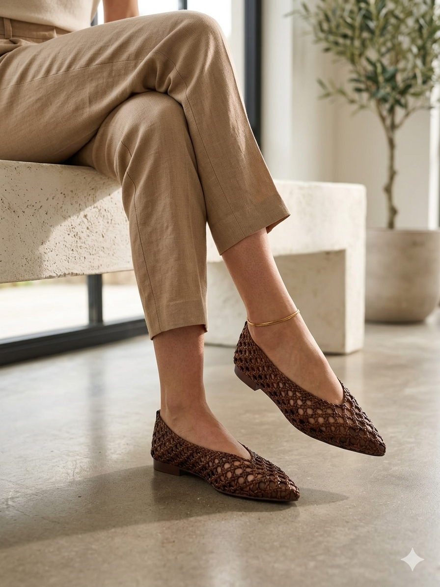 Sabrinas de senhora Corina em ráfia entrançada castanha, sapatos rasos pontiagudos estilo boho, sapatilhas de verão respiráveis e confortáveis, moda artesanal casual.