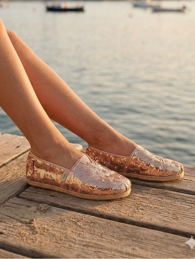 Alpargatas Paez Femininas Brilhantes com Lantejoulas Rose Gold; Sapatos Casuais de Verão Estilo Espadrilles Confortáveis; Calçado de Moda Feminina para Festa e Dia a Dia