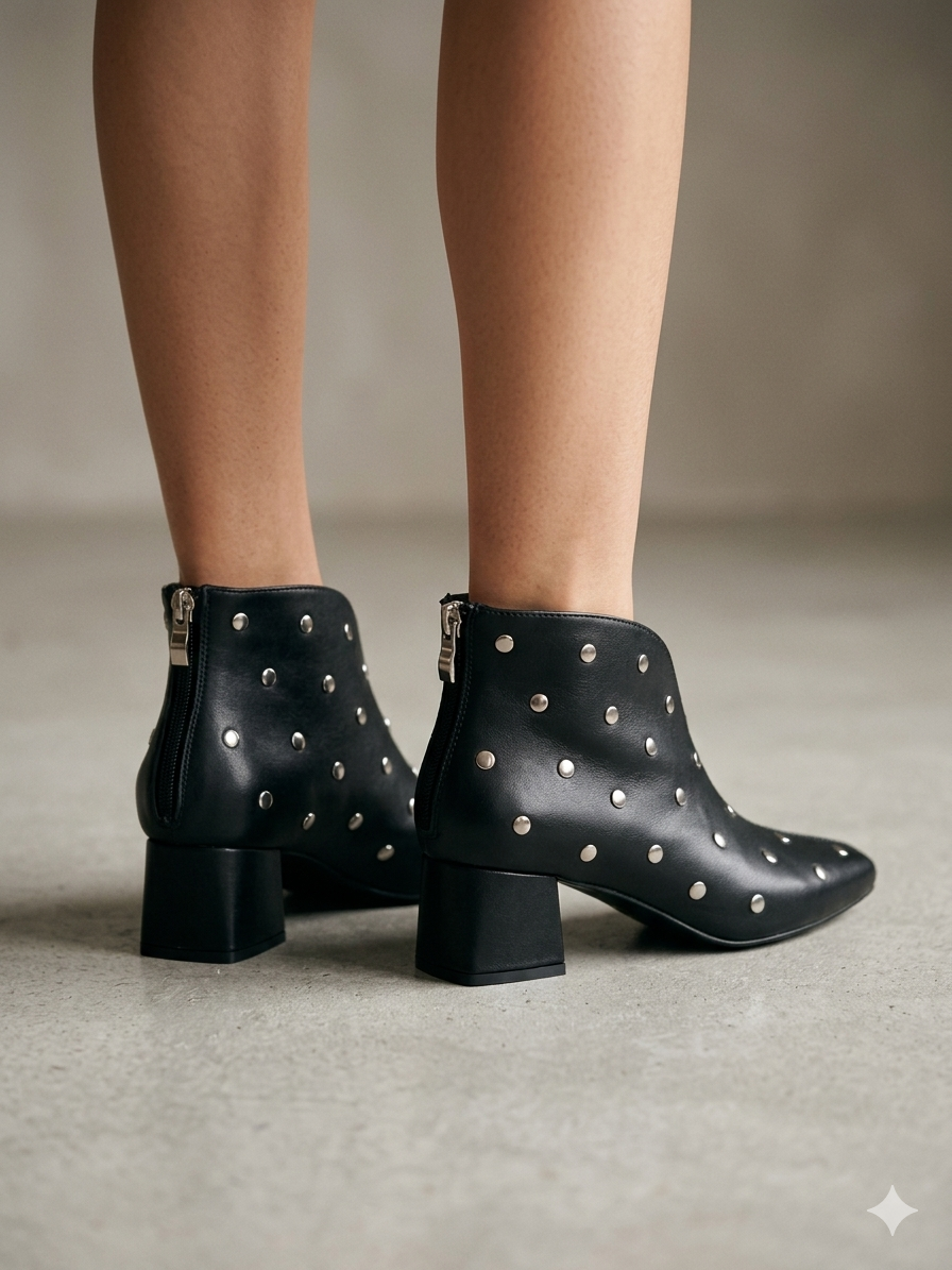 Botins Femininos Buonarotti em Pele Preta com Tachas Prateadas, Estilo Rocker com Salto Largo Baixo e Confortável, Design Moderno com Corte em V e Fecho Atrás