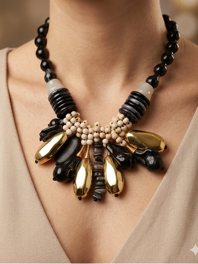 Colar Feminino de Declaração Boho Chic; Gargantilha Étnica com Pedras Pretas e Detalhes Dourados; Acessório de Moda Elegante para Festa e Eventos; Bijuteria Artesanal de Luxo com Corrente Ajustável