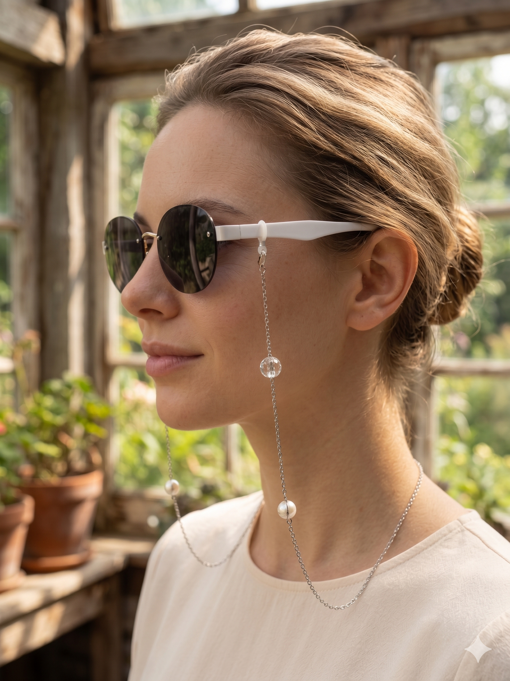 Corrente para Óculos e Colar 2 em 1 em Aço Inoxidável; Cordão com Pérolas fake e Pedras Brilhos; Salva Óculos Feminino Elegante