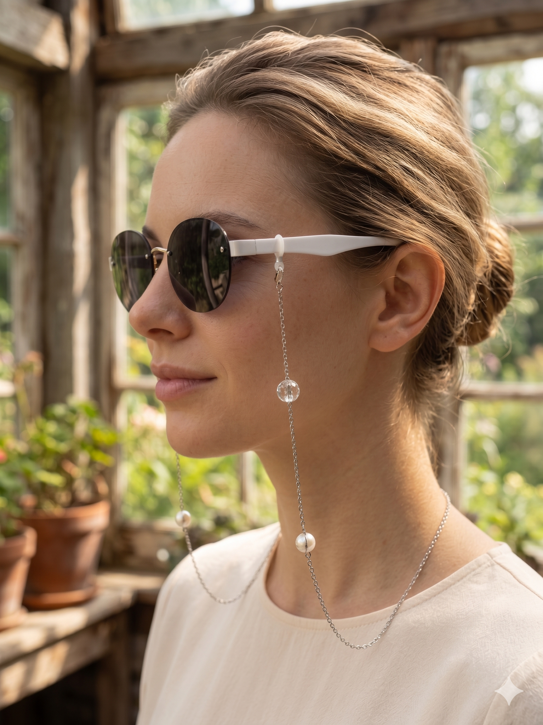 Corrente para Óculos e Colar 2 em 1 em Aço Inoxidável; Cordão com Pérolas fake e Pedras Brilhos; Salva Óculos Feminino Elegante