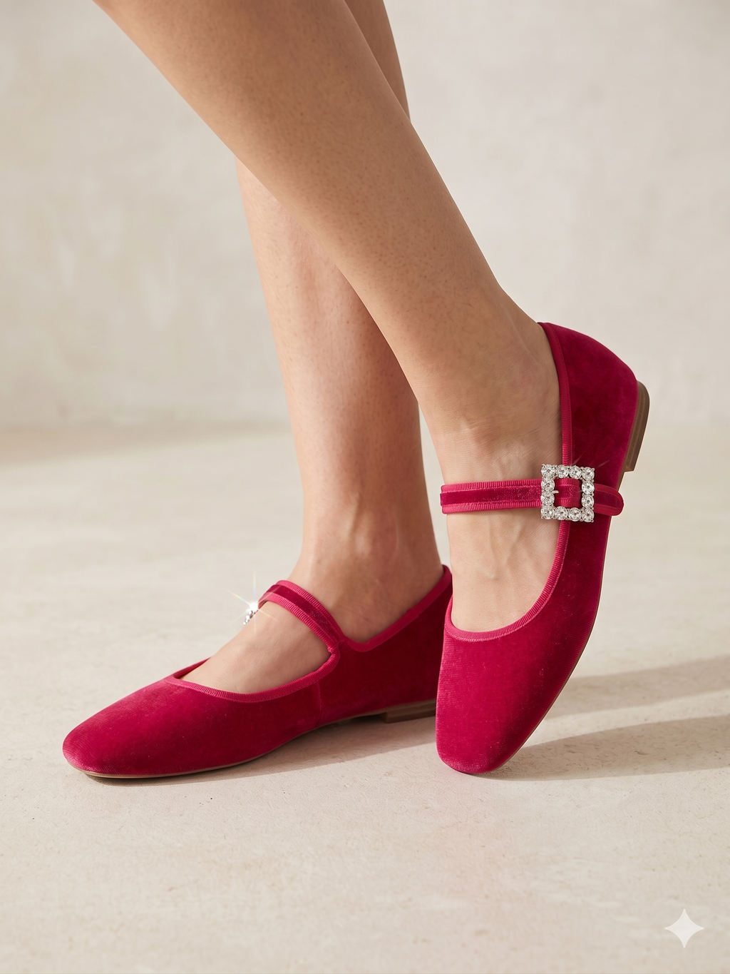 Sapatos Mary Jane Findlay em Veludo Vermelho Fúcsia com Fivela de Brilhantes; Sabrinas Elegantes para Senhora e Festa.