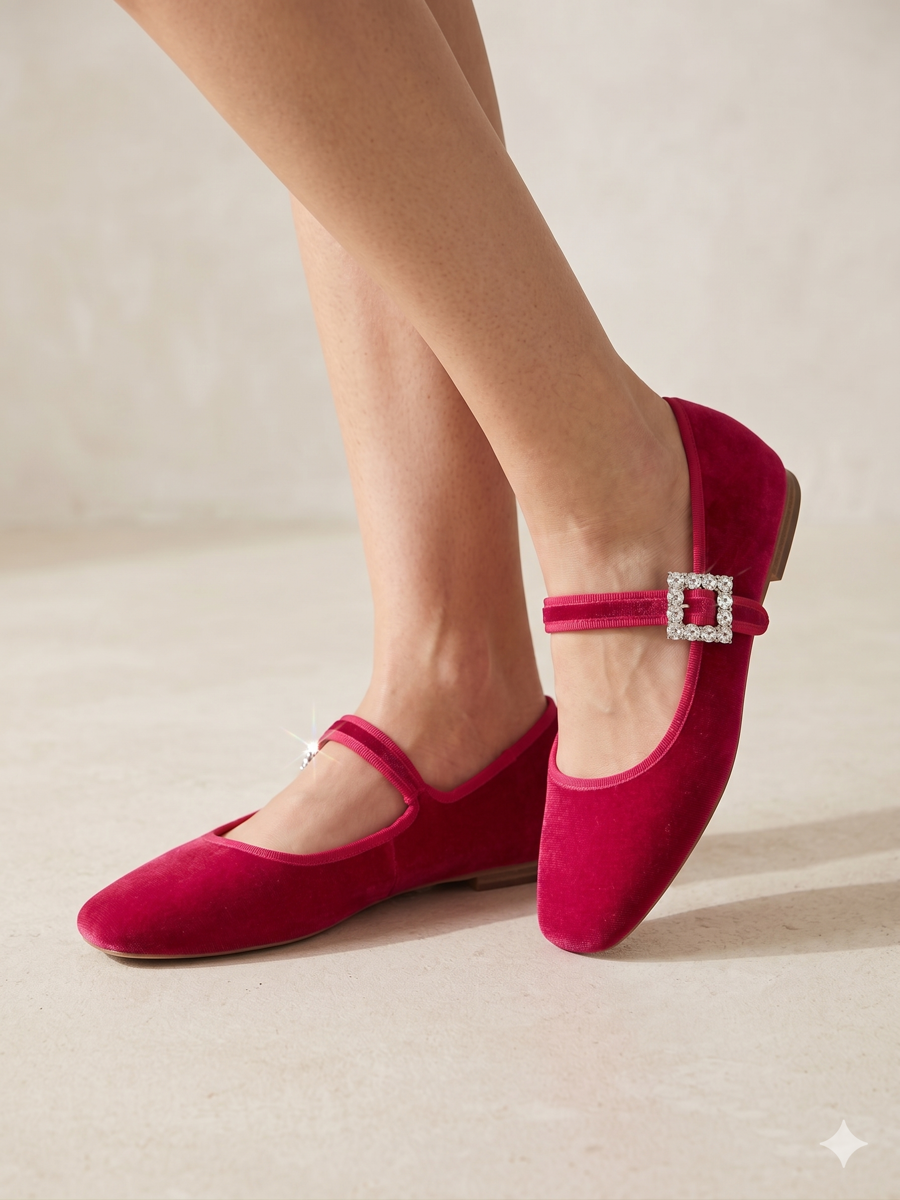 Sapatos Mary Jane Findlay em Veludo Vermelho Fúcsia com Fivela de Brilhantes; Sabrinas Elegantes para Senhora e Festa.