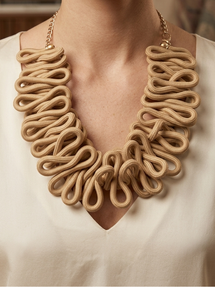 Colar Cervical Artesanal de Corda Náutica Bege, Gargantilha Maxi Colar Feminino de Cordão Entrelaçado com Corrente de Metal Dourada Ajustável, Acessórios e Bijutaria de Moda e Estilo Outono Inverno