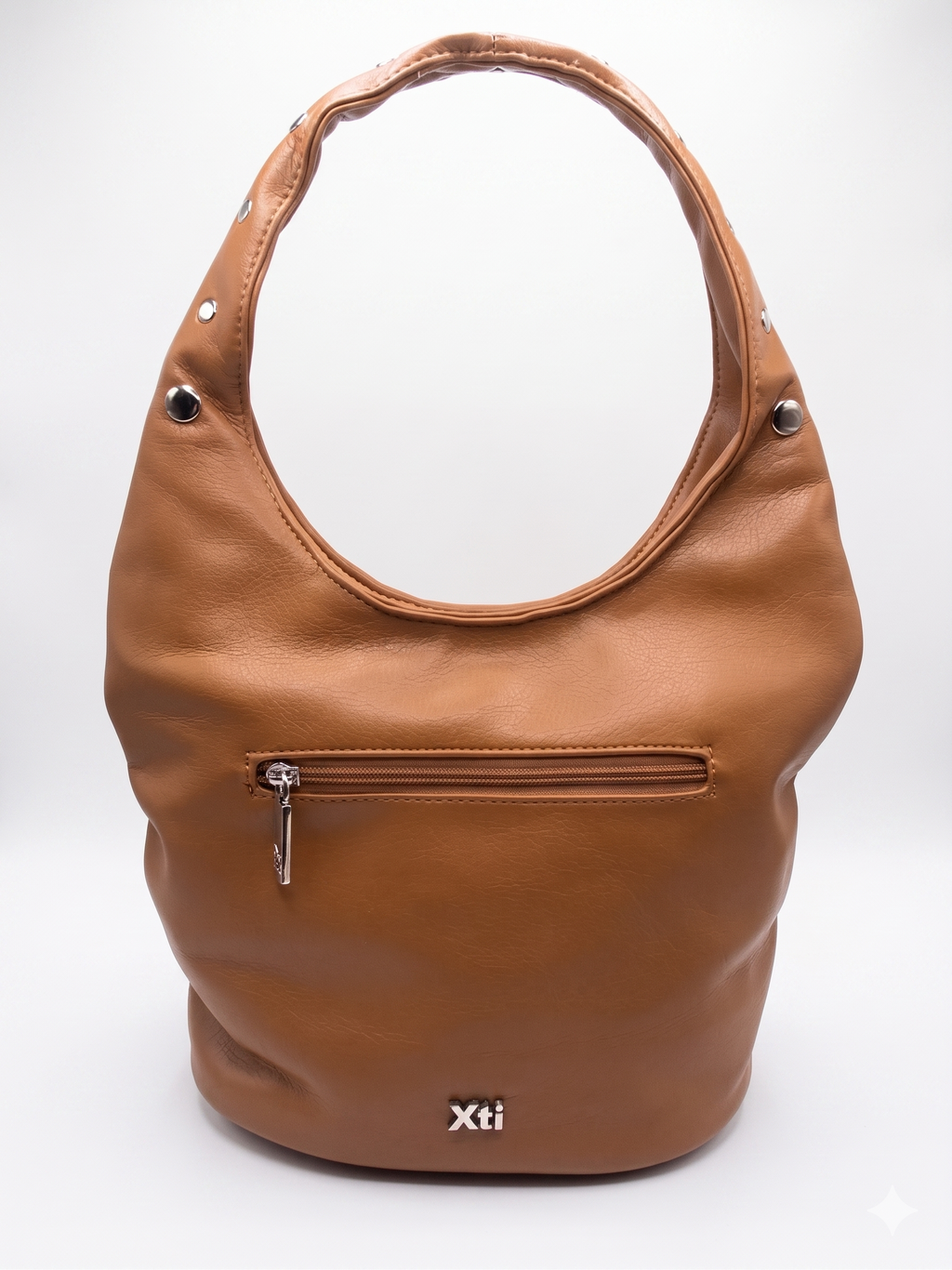 Mala de Ombro Feminina Xti Marrom em Pele Sintética com Tachas Prateadas, Bolsa Hobo Elegante com Bolso Exterior e Fecho de Correr, Acessório Casual de Moda Original para Mulher