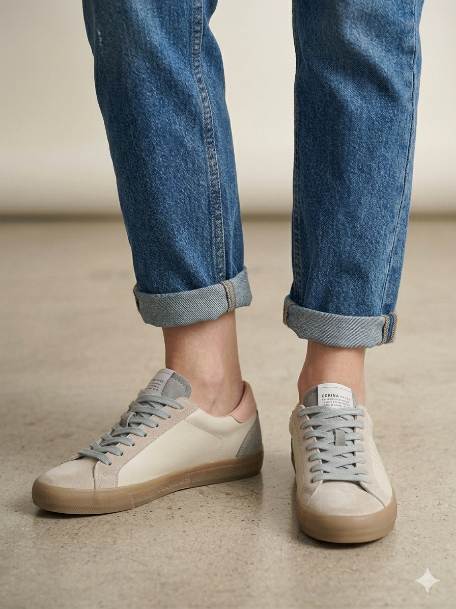 Sapatilhas Corina Femininas de Pele e Camurça cinza; Ténis Casuais Confortáveis Estilo Urbano Retro Azul e Rosa; Sapatos de Desporto Brancos com Sola de Borracha Camelo