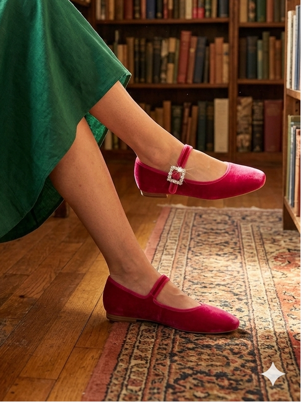 Sapatos Mary Jane Findlay em Veludo Vermelho Fúcsia com Fivela de Brilhantes; Sabrinas Elegantes para Senhora e Festa.
