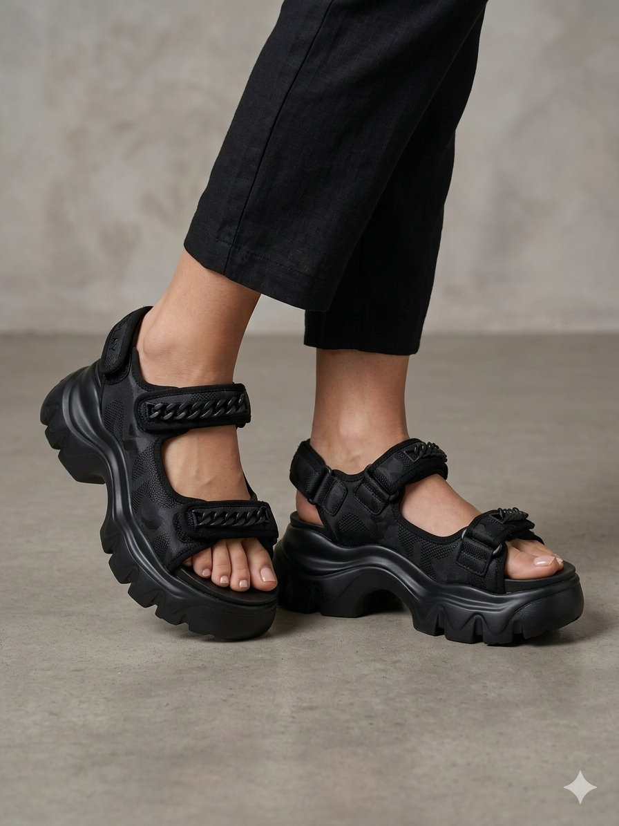 Sandeira Plataforma Chunky Replay; Sandália Preta Feminina Sola Tratorada Confortável Com Corrente Decorativa e Ajuste de Velcro; Verão Moda Jovem