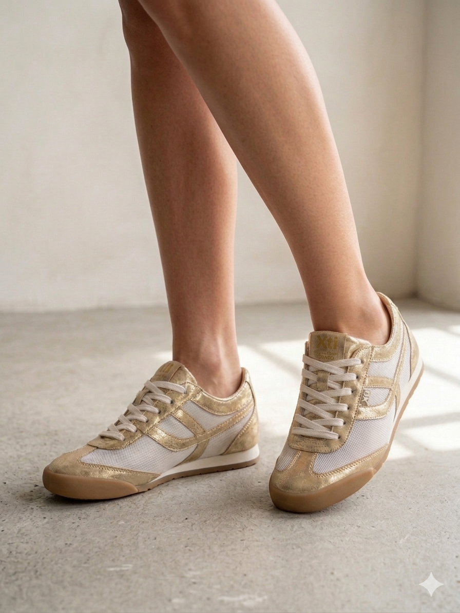 Ténis Femininos Xti em Branco e dourado; Sapatilhas Desportivas Urbanas em Malha e Camurça; Calçado Casual Confortável com Design Moderno