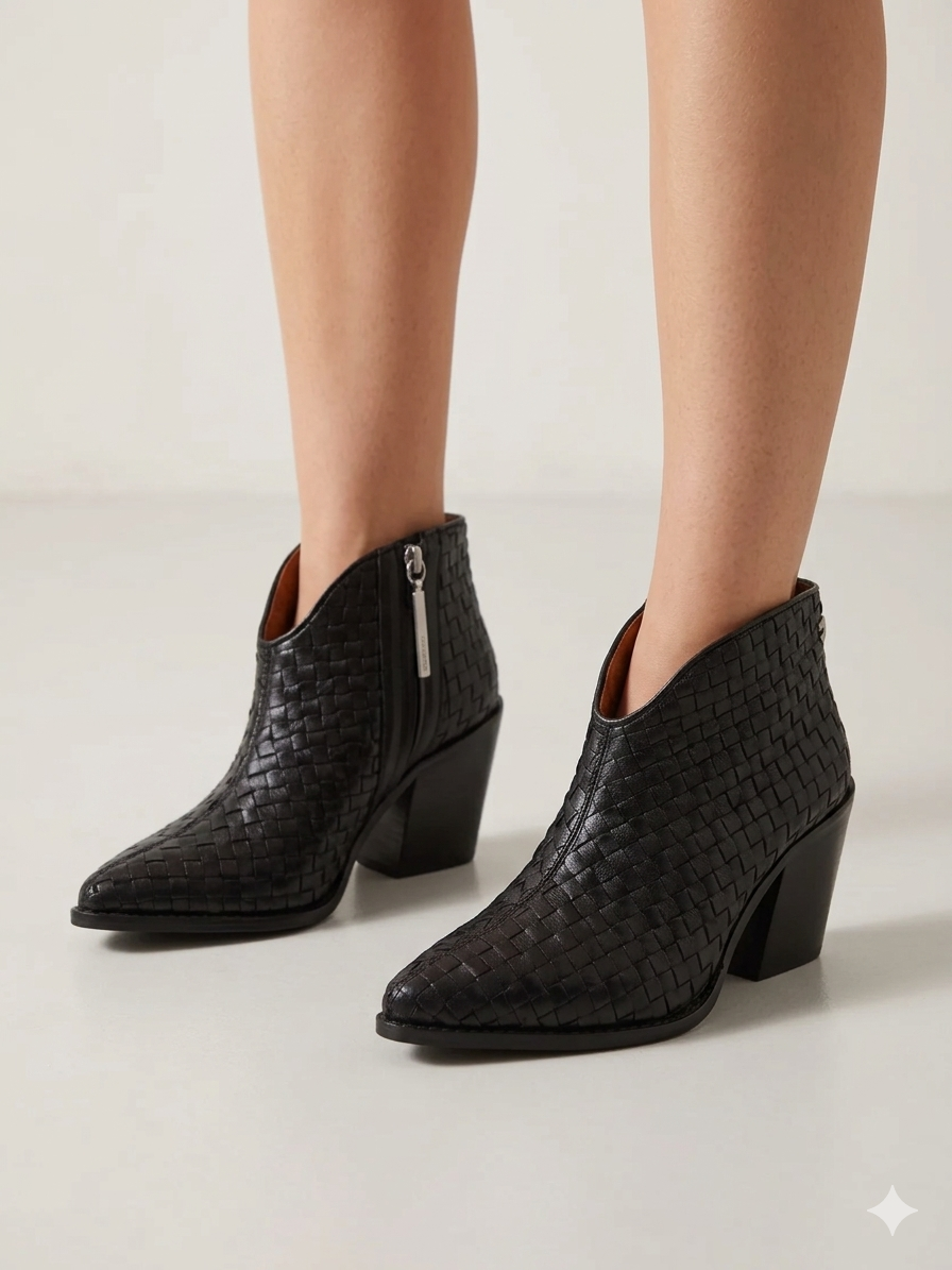 Botins Femininos Gioseppo em Pele Estilo Western com Salto Bloco Confortável, Botas de Cano Curto com Bico Fino e Zíper Lateral, Design Premium Casual