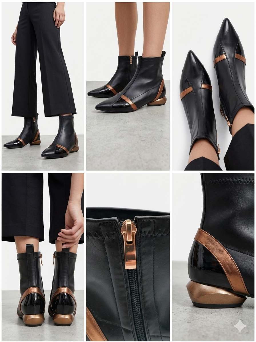 Botins Femininos Rockaway Eco Pele Preta e Bronze, Design Futurista com Salto Metálico Original e Bico Fino, Botas de Cano Curto Elegantes com Fecho Lateral