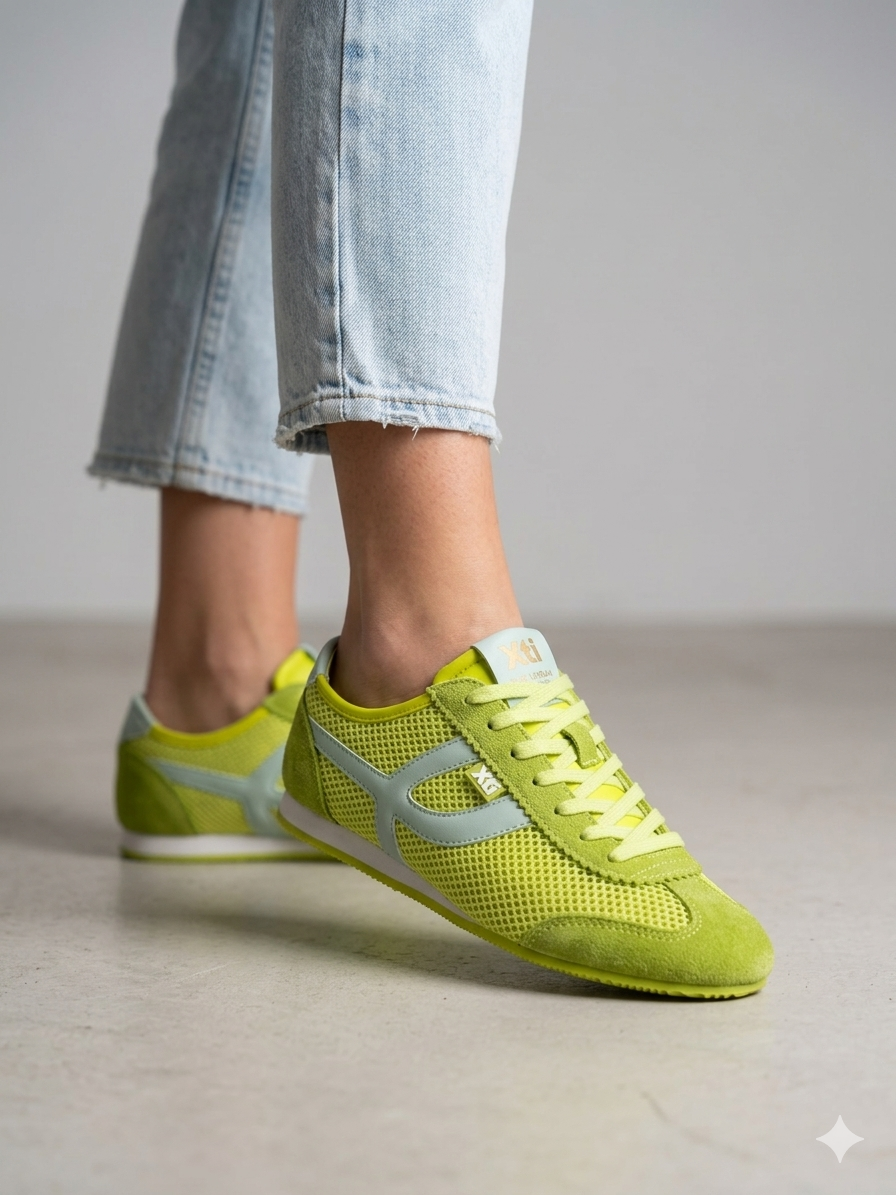 Ténis Femininos Xti em Verde neon; Sapatilhas Desportivas Urbanas em Malha e Camurça; Calçado Casual Confortável com Detalhes Dourados e Design Moderno