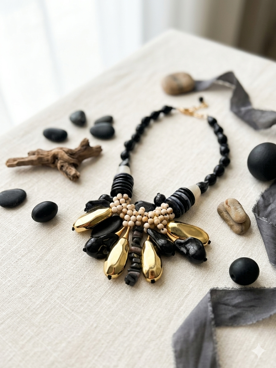 Colar Feminino de Declaração Boho Chic; Gargantilha Étnica com Pedras Pretas e Detalhes Dourados; Acessório de Moda Elegante para Festa e Eventos; Bijuteria Artesanal de Luxo com Corrente Ajustável