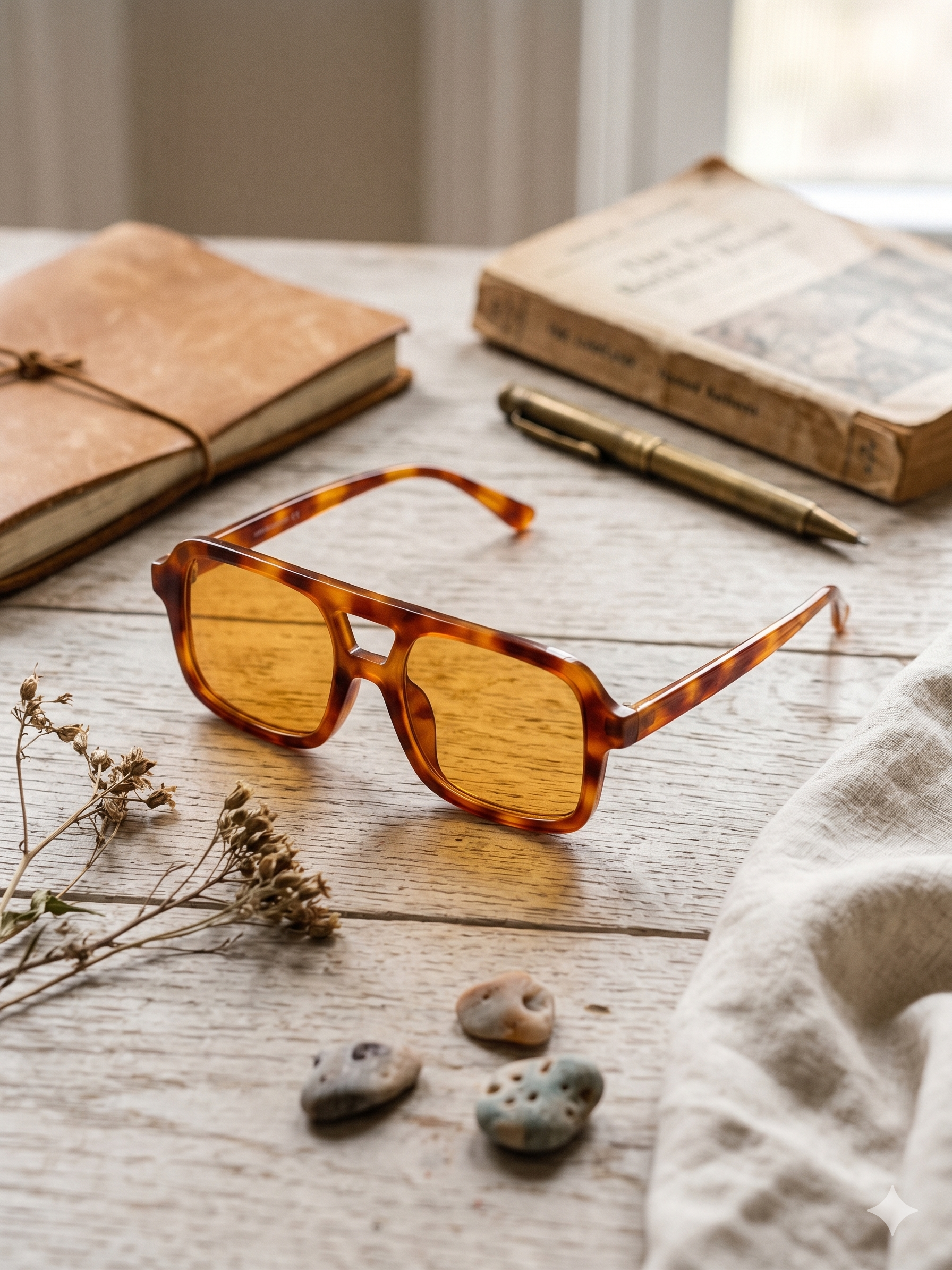 Óculos de Sol Unissexo com Padrão Tartaruga e Lentes Amarelas, Estilo Aviador Retangular Retro, Design Elegante de Luxo