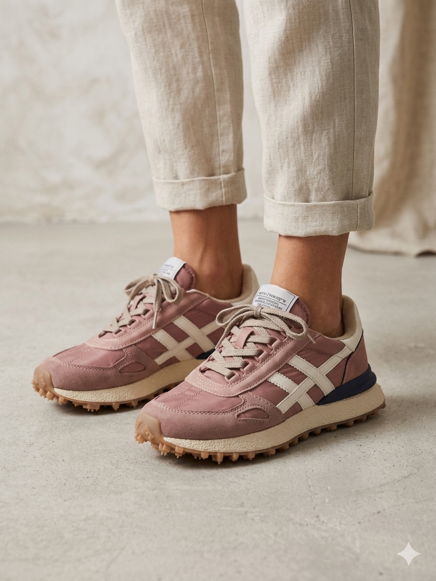 Ténis Desportivos Unissexo Brancos Rosa e Bege com Sola Tratorada de Cânhamo; Sapatilhas de Corrida Retro com Painéis de Camurça Bege e Riscas Brancas Vintage; Calçado Casual Confortável para Caminhada e Ginásio; Sneakers Urbanos Estilo Clássico