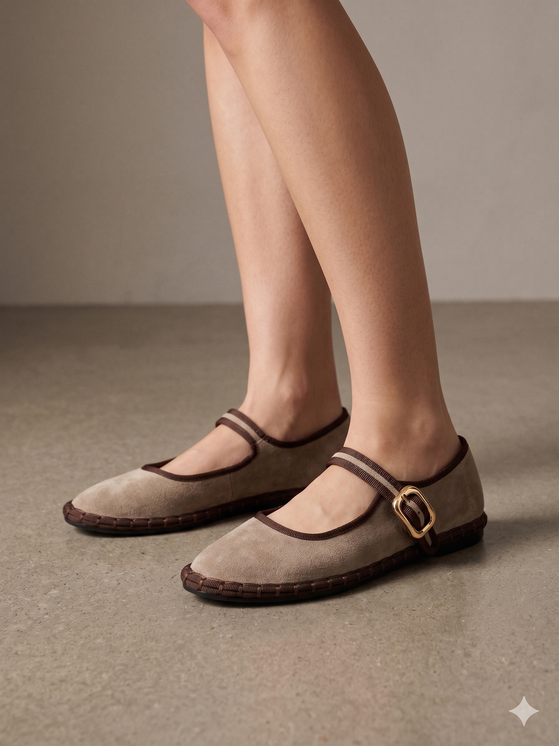 Sapatos Buonarotti Mary Jane em veludo castanho coffee Bege com sola trabalhada; sabrinas de senhora elegantes com fivela dourada; calçado feminino raso e confortável estilo boho chic