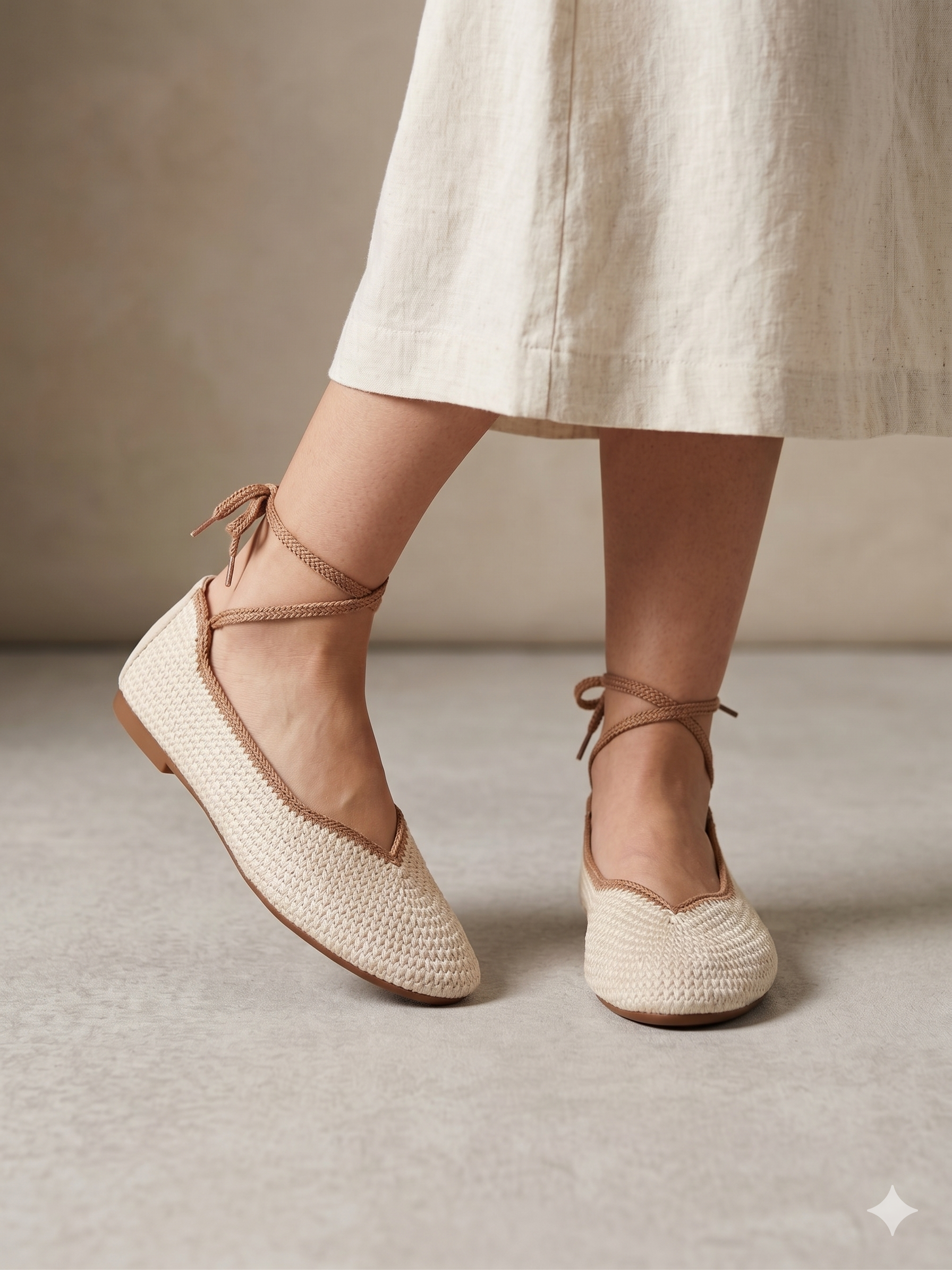 Sapatilhas Rasas Stephan Paris Tipo Alpergata Mulher Bege; Sapatos de Atar no Tornozelo Estilo Casual em Tecido Entrançado Camurça Confortáveis