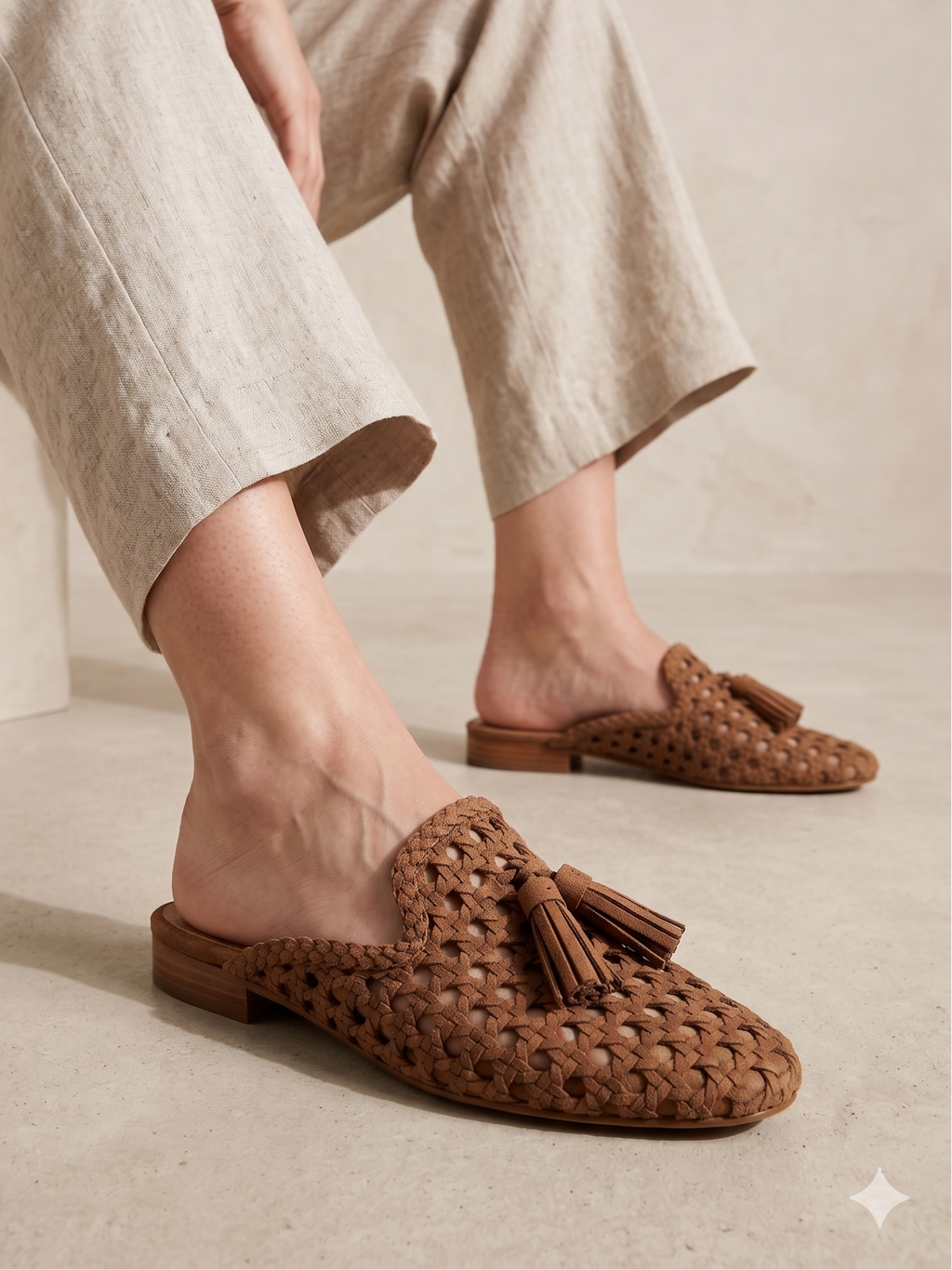 Mule Corina Feminino de Verão em Camurça Entrelaçada com Tassel; Sapato Casual Aberto Confortável Estilo Boho; Sabrinas Sem Salto Respiráveis para Senhora Cor Castanho Camel