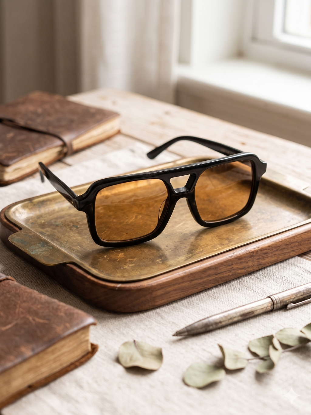 Óculos de Sol Unissexo Estilo Aviador Retangular Vintage, Armação Preta com Lentes Castanhas, Design Moderno e Elegante