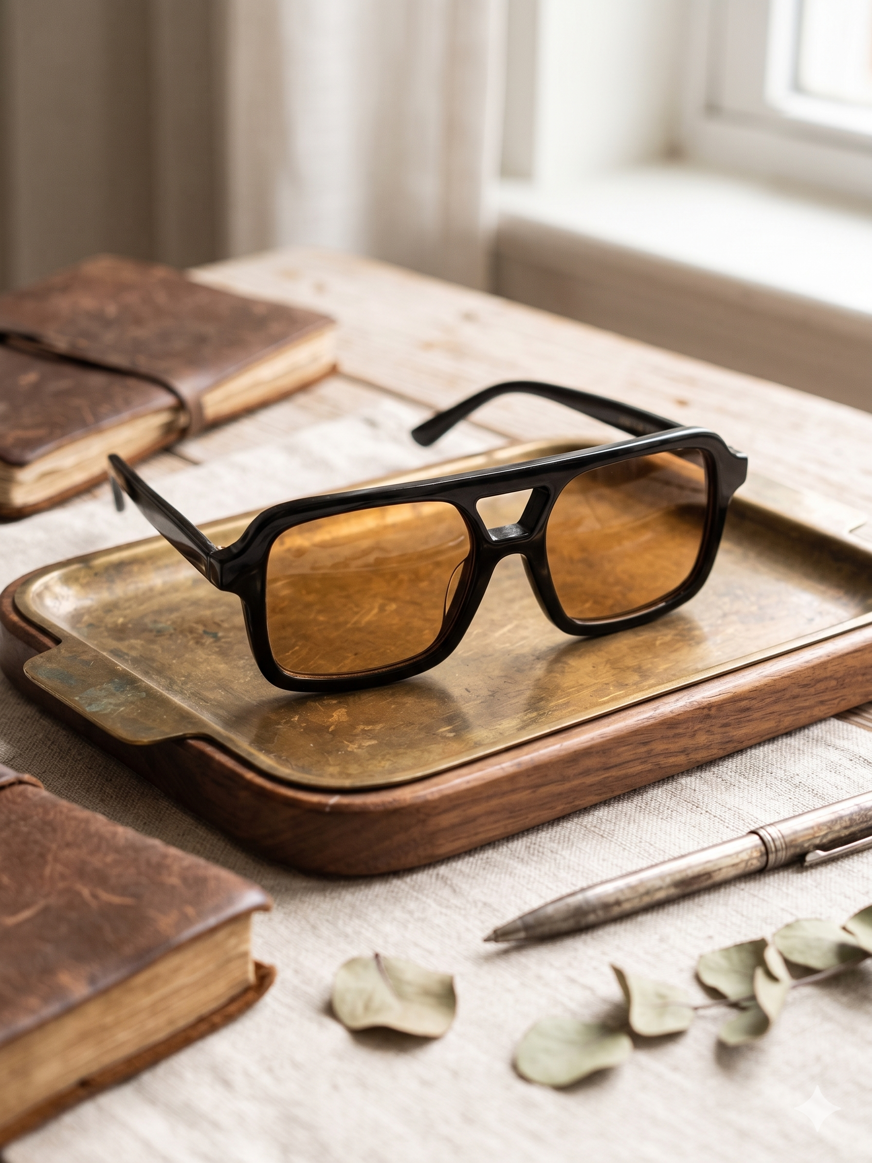 Óculos de Sol Unissexo Estilo Aviador Retangular Vintage, Armação Preta com Lentes Castanhas, Design Moderno e Elegante