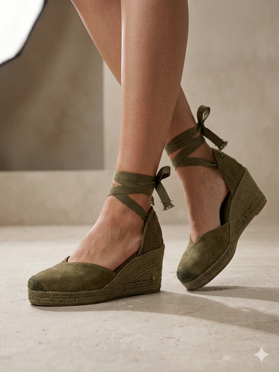 Alpercatas de Cunha Verde Tropa Senhora Vanice; Sandálias de Salto com Atacadores no Tornozelo; Sapatos de Corda Estilo Boho para Verão